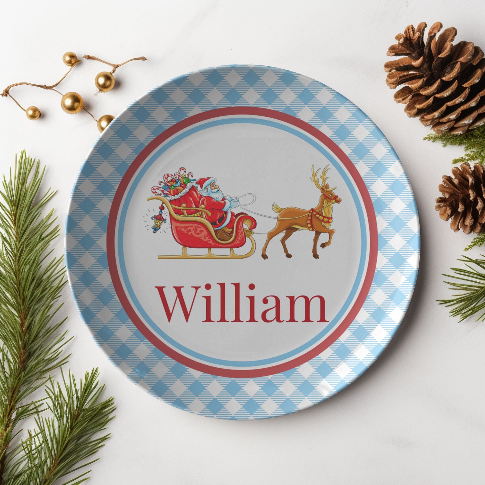 Kate McEnroe New York Personalized Santa Sleigh &amp; Rudolph Gingham PlatePlatesP22 - STS - RUD - 2S
