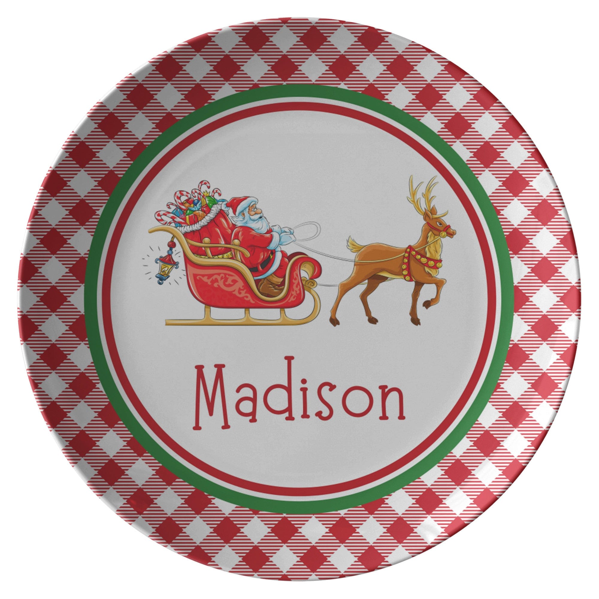 Kate McEnroe New York Personalized Santa Sleigh &amp; Rudolph Gingham PlatePlatesP22 - STS - RUD - 2S