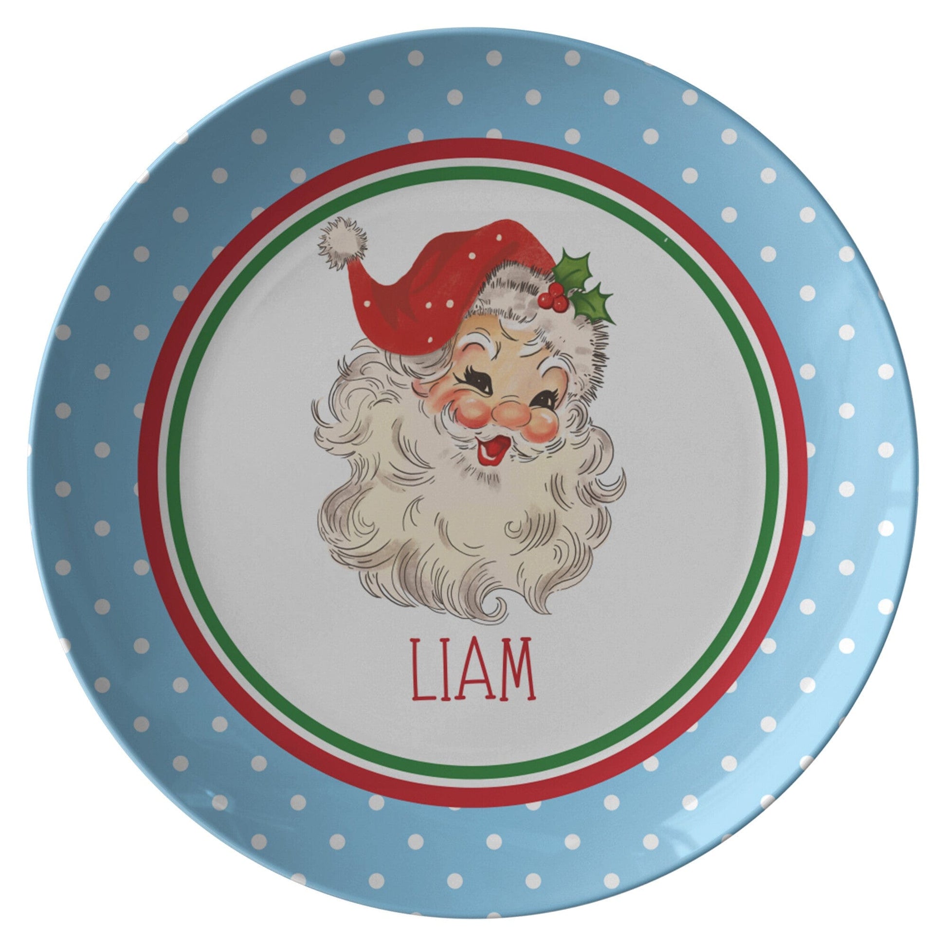 Kate McEnroe New York Personalized Vintage Santa Polka Dot Christmas Plate Plates