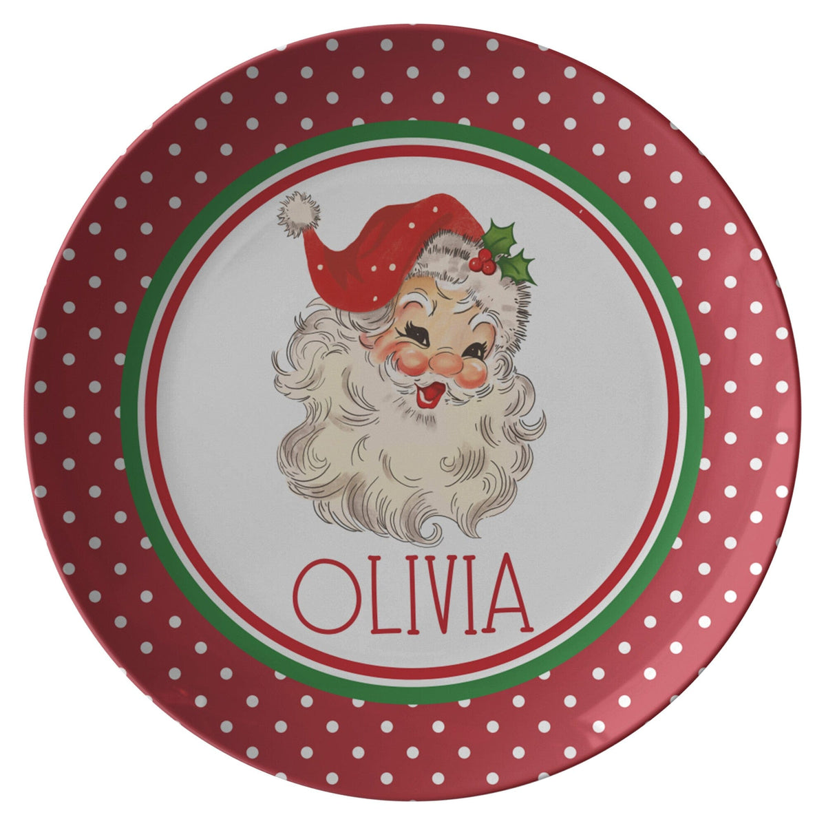 Kate McEnroe New York Personalized Vintage Santa Polka Dot Christmas PlatePlatesP22 - SNT - PKD - 2S