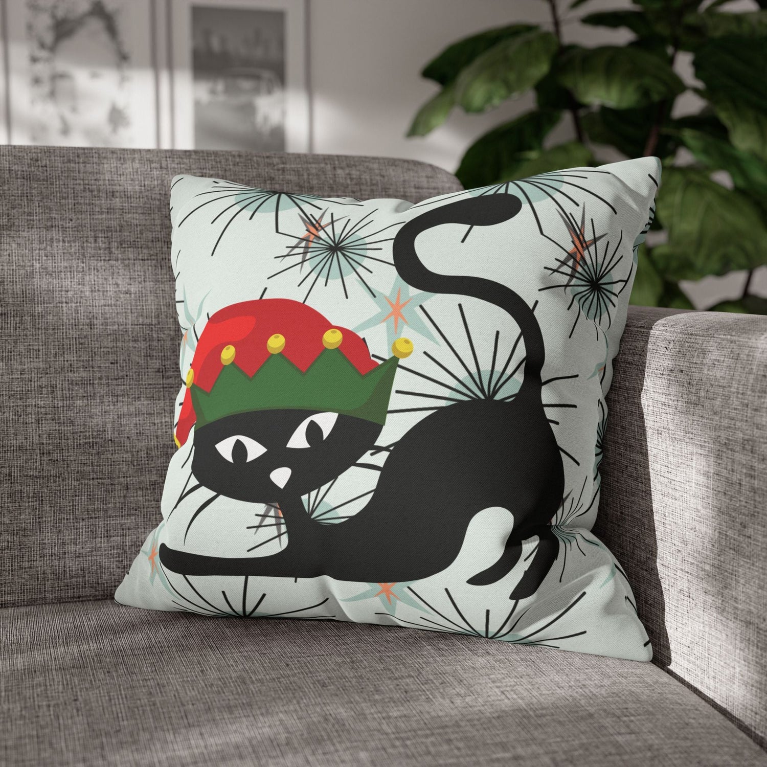 Kate McEnroe New York Pillowcase, Atomic Cat Mid Century Modern Christmas Pillow Cover, Retro Starburst Holiday Decor, 50s Kitsch Black Cat Elf Throw Cushion CoverThrow Pillow Covers13055911012430557068