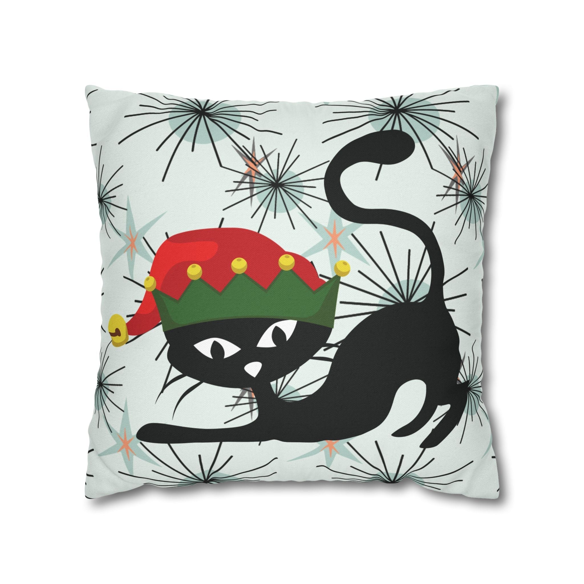 Kate McEnroe New York Pillowcase, Atomic Cat Mid Century Modern Christmas Pillow Cover, Retro Starburst Holiday Decor, 50s Kitsch Black Cat Elf Throw Cushion CoverThrow Pillow Covers84138109618042634527