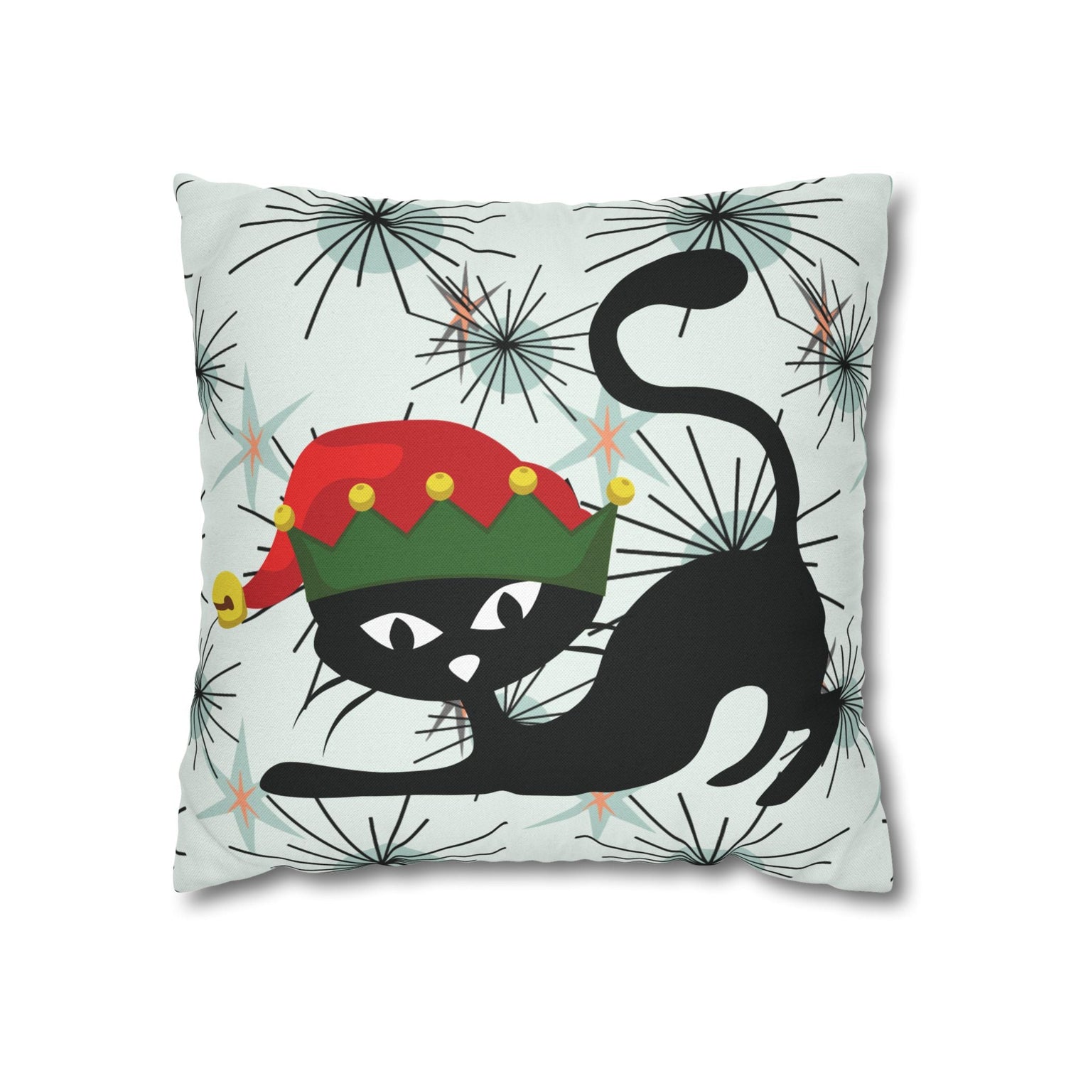 Kate McEnroe New York Pillowcase, Atomic Cat Mid Century Modern Christmas Pillow Cover, Retro Starburst Holiday Decor, 50s Kitsch Black Cat Elf Throw Cushion CoverThrow Pillow Covers65270189393390990969