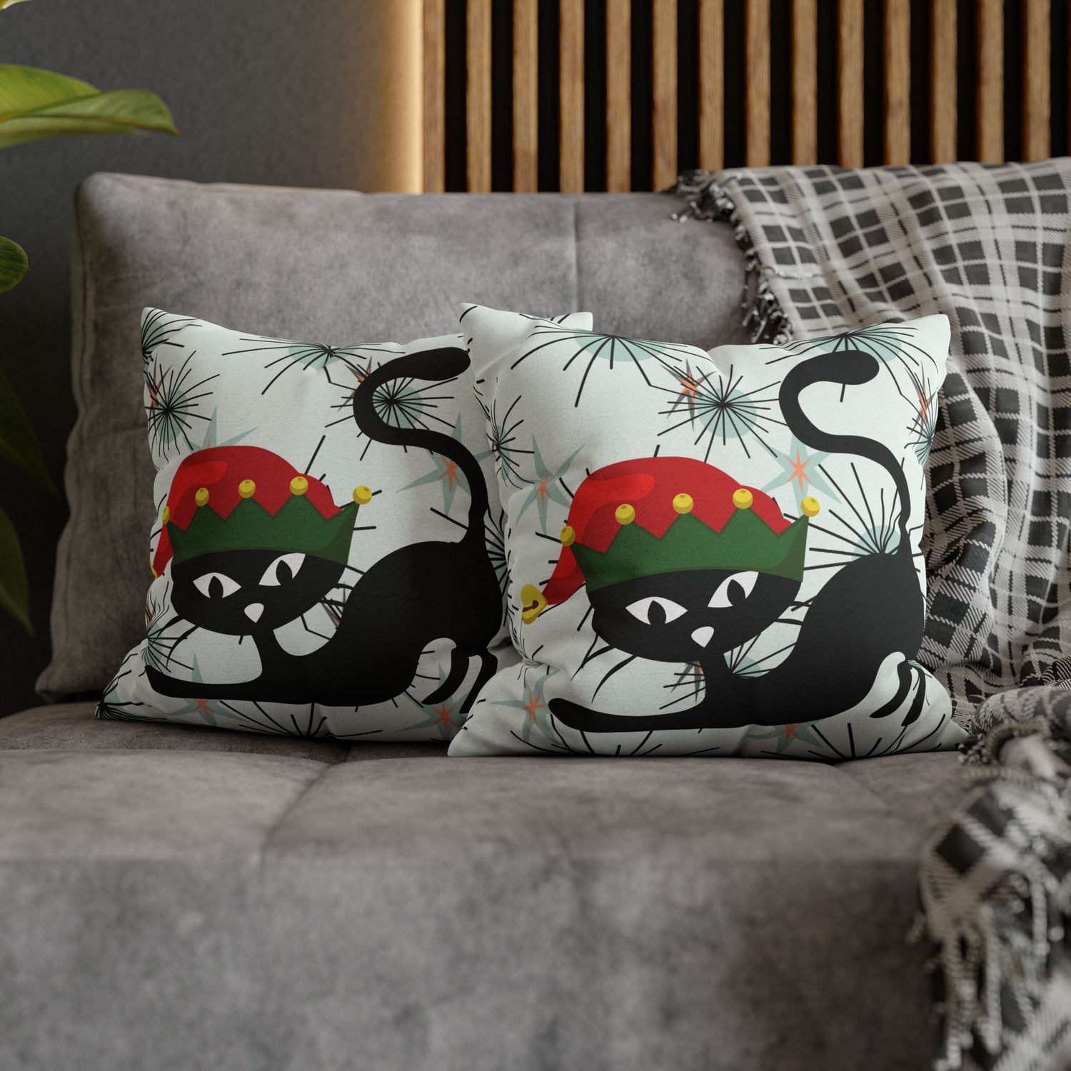 Kate McEnroe New York Pillowcase, Atomic Cat Mid Century Modern Christmas Pillow Cover, Retro Starburst Holiday Decor, 50s Kitsch Black Cat Elf Throw Cushion CoverThrow Pillow Covers13055911012430557068