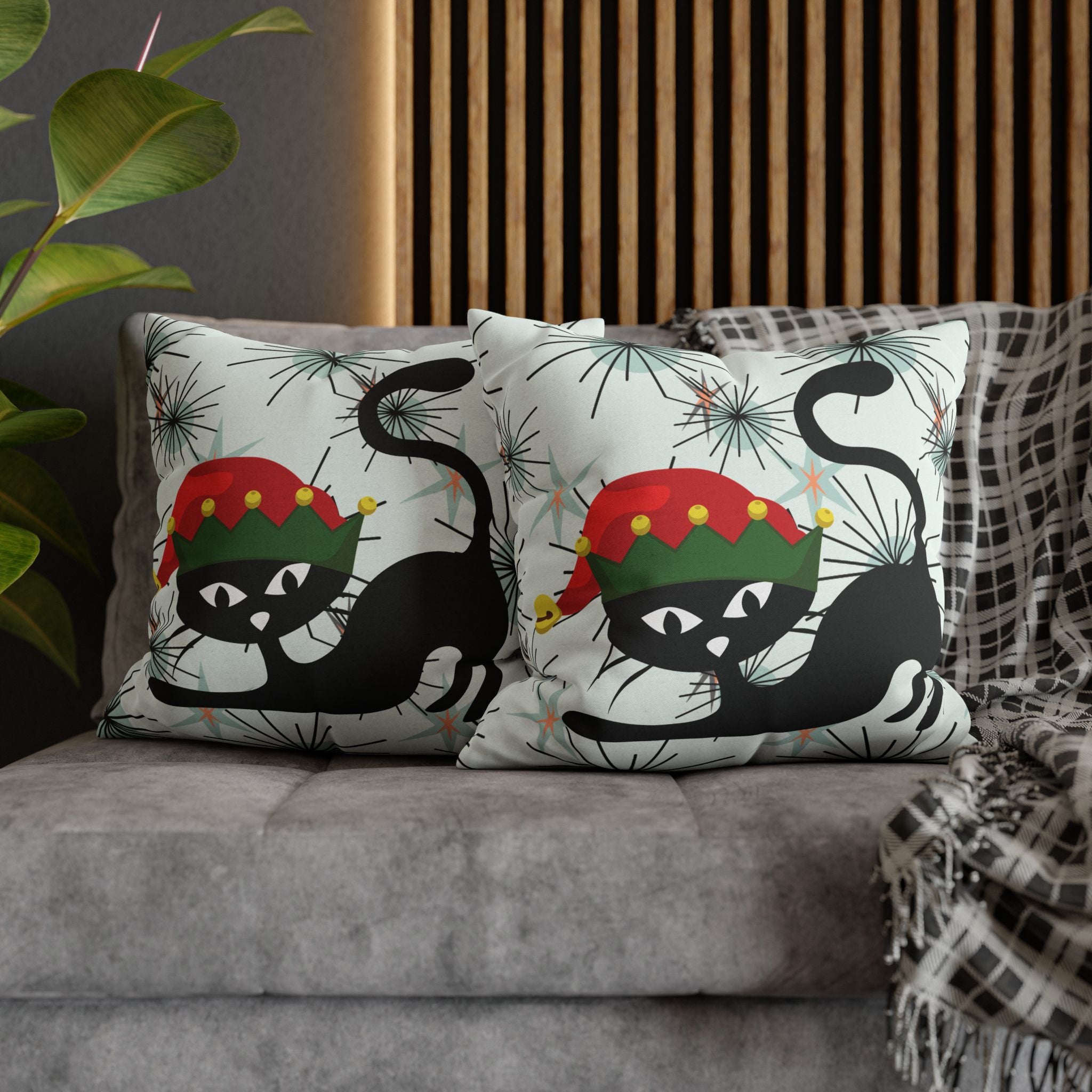 Kate McEnroe New York Pillowcase, Atomic Cat Mid Century Modern Christmas Pillow Cover, Retro Starburst Holiday Decor, 50s Kitsch Black Cat Elf Throw Cushion CoverThrow Pillow Covers13055911012430557068