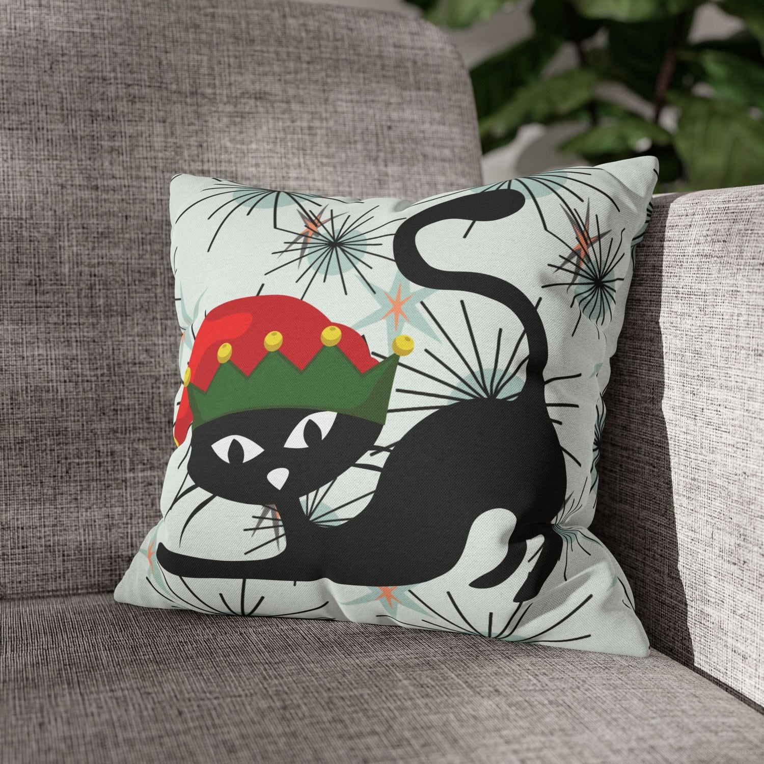 Kate McEnroe New York Pillowcase, Atomic Cat Mid Century Modern Christmas Pillow Cover, Retro Starburst Holiday Decor, 50s Kitsch Black Cat Elf Throw Cushion CoverThrow Pillow Covers23210967342953417437