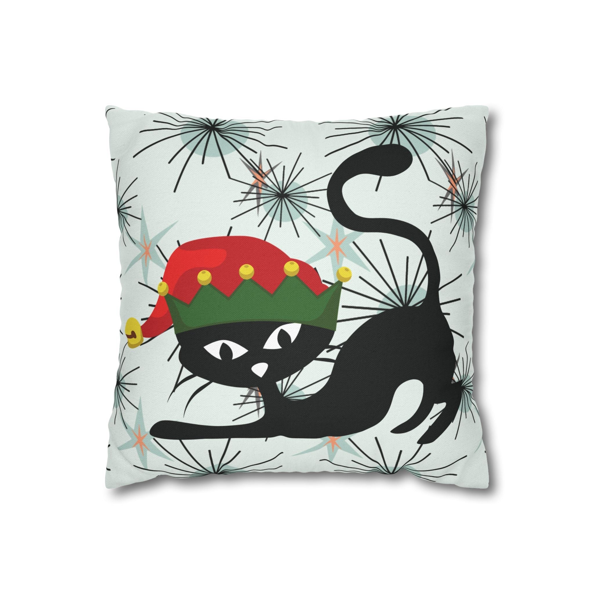 Kate McEnroe New York Pillowcase, Atomic Cat Mid Century Modern Christmas Pillow Cover, Retro Starburst Holiday Decor, 50s Kitsch Black Cat Elf Throw Cushion CoverThrow Pillow Covers23210967342953417437