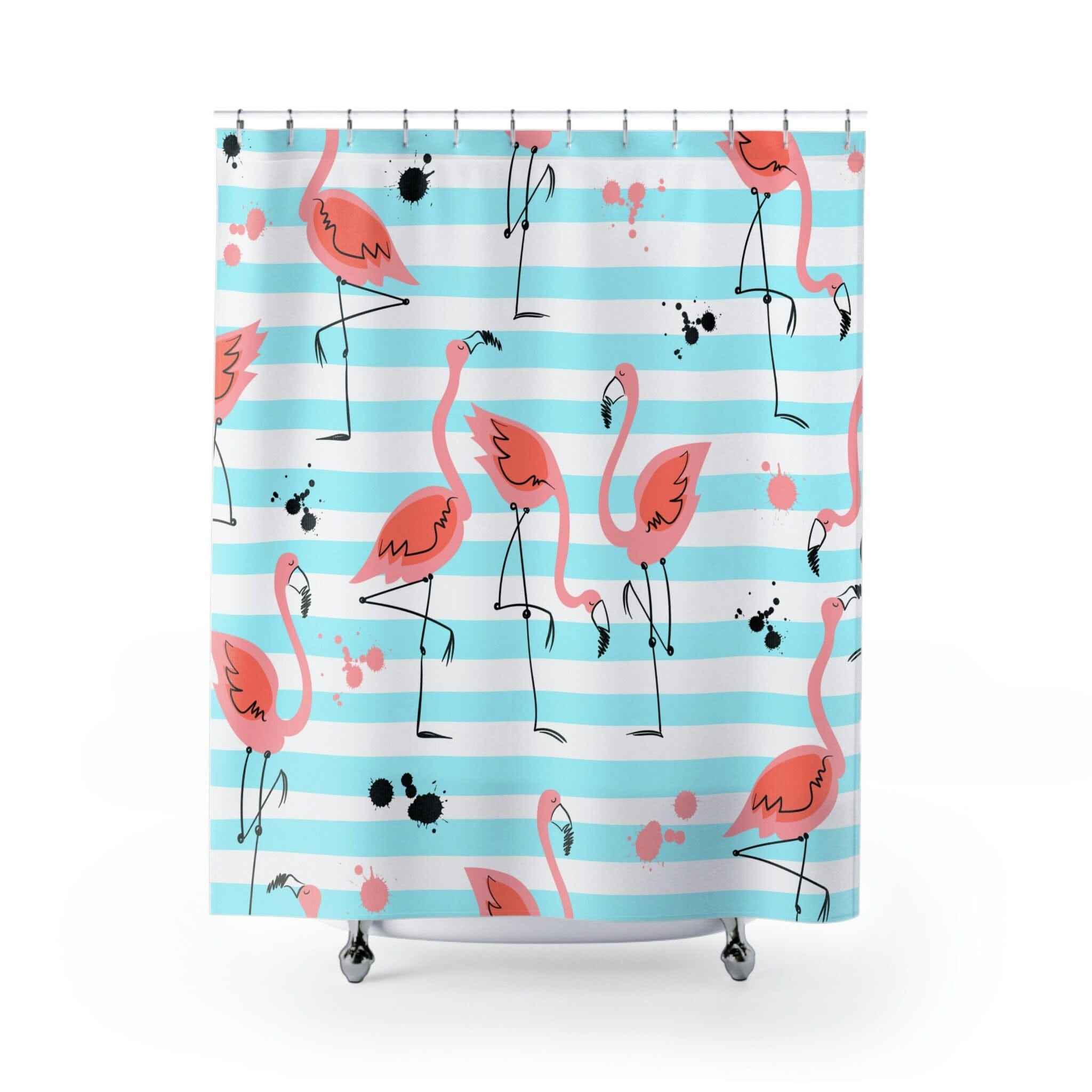 Kate McEnroe New York Pink Flamingos Shower Curtains, Tropical Flamingo Bird Watercolor Art Bath Curtains, Aqua Blue, Pink Bathroom Decor, Beach House DecorShower CurtainsSC - PIN - FLA - 7X7