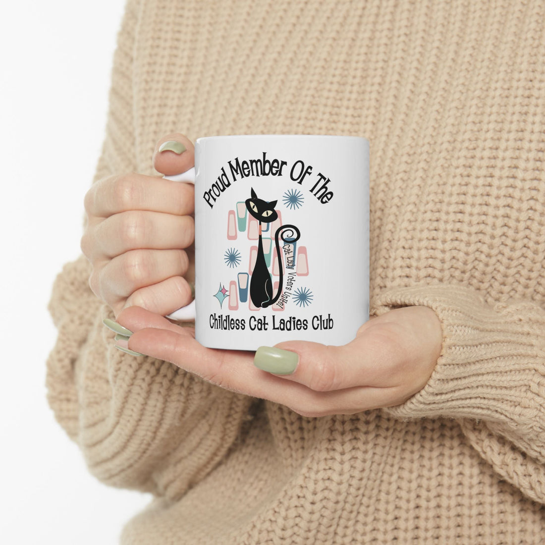 Kate McEnroe New York Proud Member of the Childless Cat Ladies Club Mug, Atomic Kitschy Cat Retro DrinkwareMugs25144873792044849580