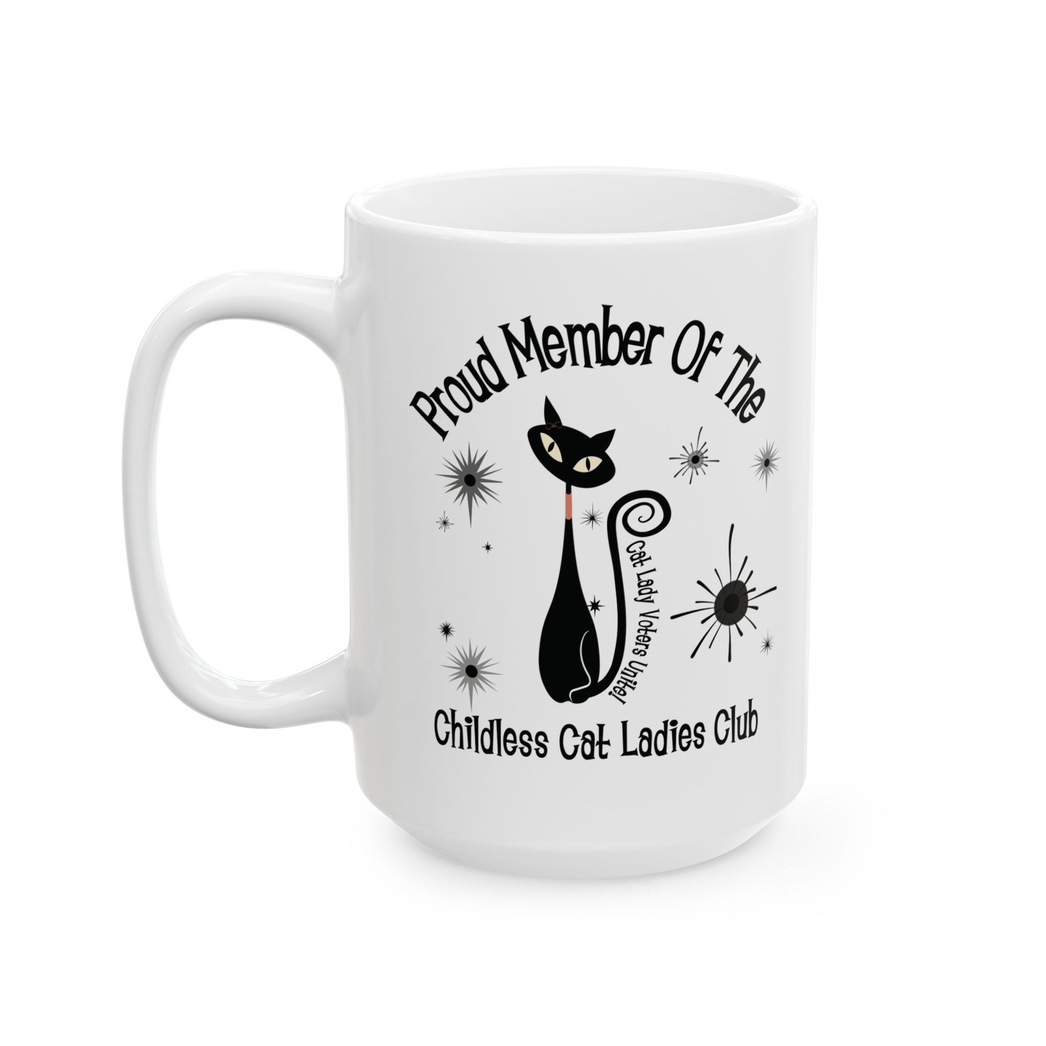 Kate McEnroe New York Proud Member of the Childless Cat Ladies Club Mug, Retro Atomic Kitschy Cat DesignMugs24300067542254986625