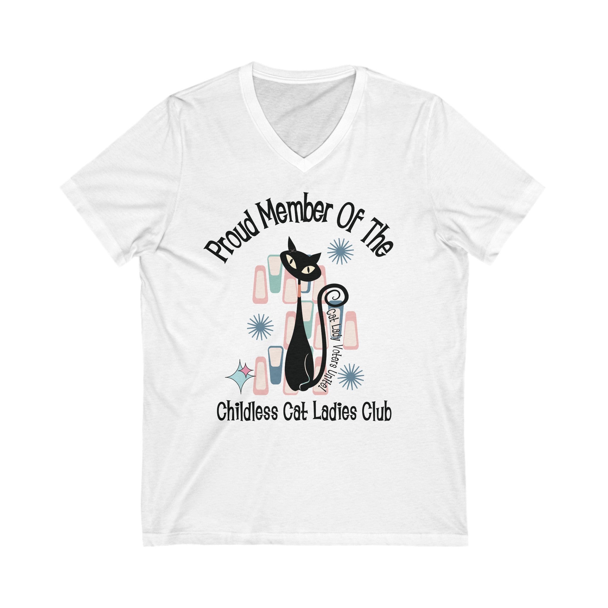 Kate McEnroe New York Proud Member of the Childless Cat Ladies Club V - Neck T - Shirt, Atomic Kitschy Cat Retro TeeV - neck29262304145652855924