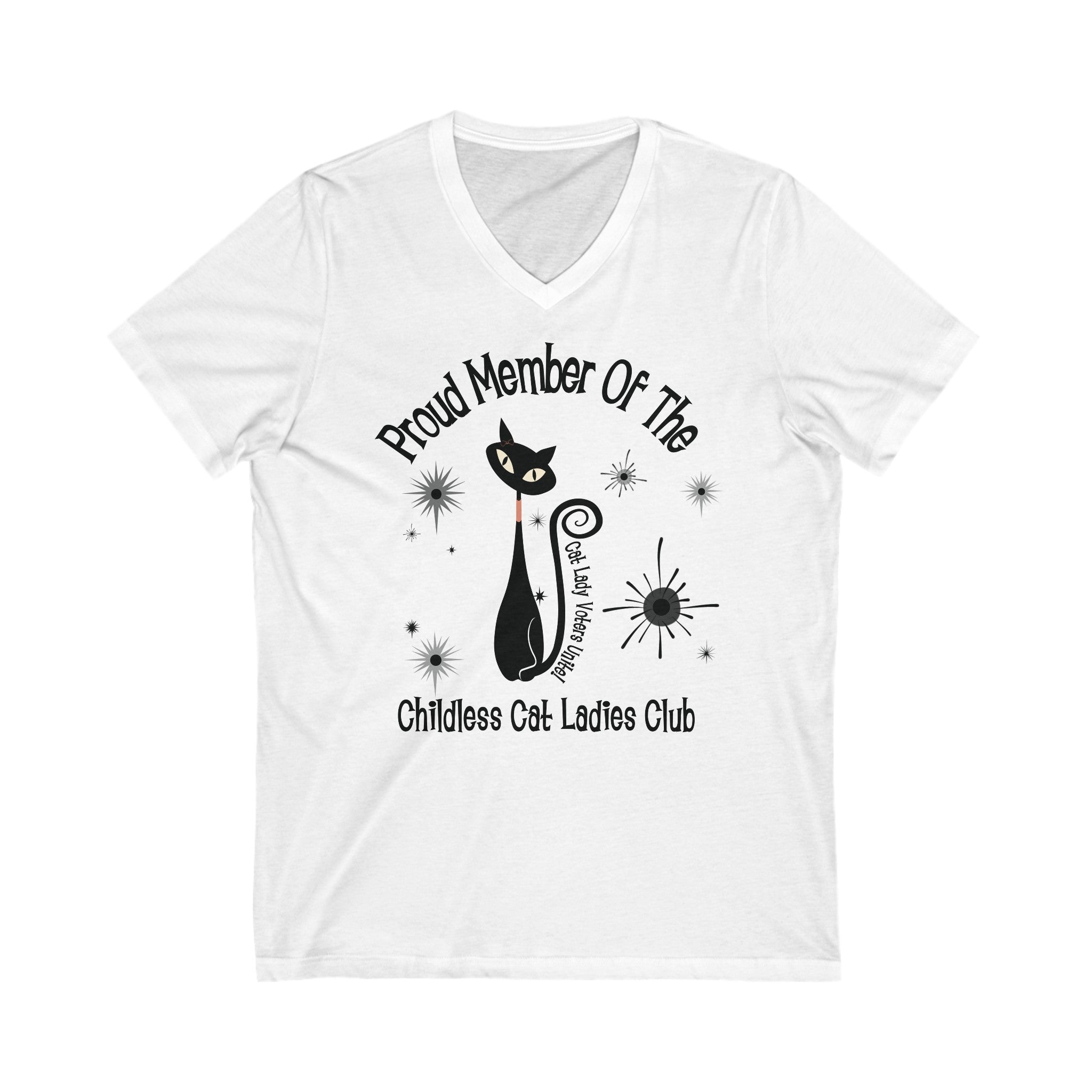 Kate McEnroe New York Proud Member of the Childless Cat Ladies Club V - Neck T - Shirt, Retro Atomic Kitschy Cat TeeT - Shirts43745618278415061458