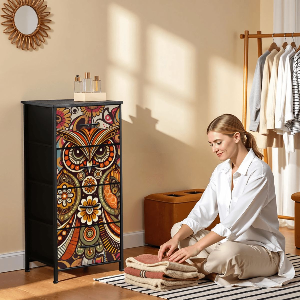 Kate McEnroe New York Psychedelic Owl Mid Century Modern Boho 4 Drawer DresserDressersPClcSTwbWb