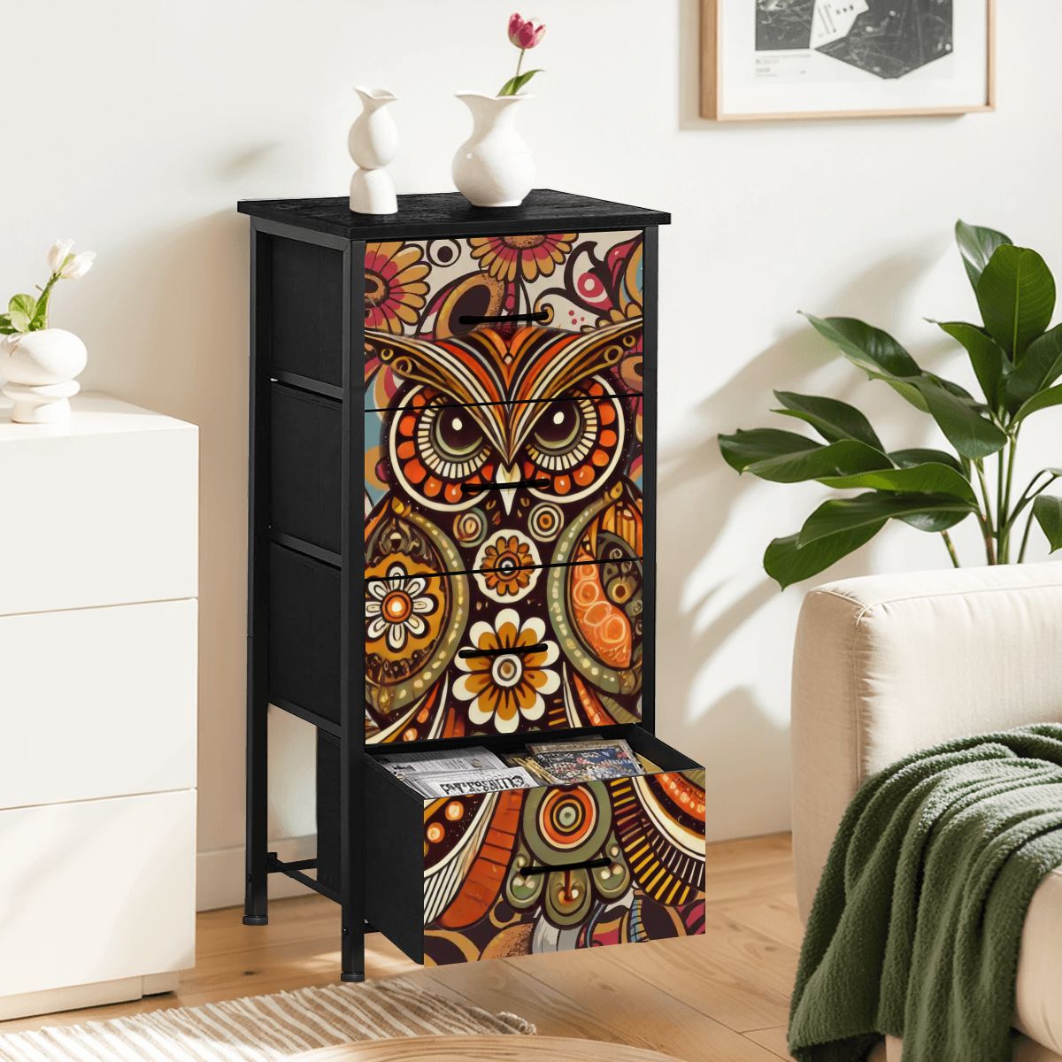 Kate McEnroe New York Psychedelic Owl Mid Century Modern Boho 4 Drawer DresserDressersPClcSTwbWb