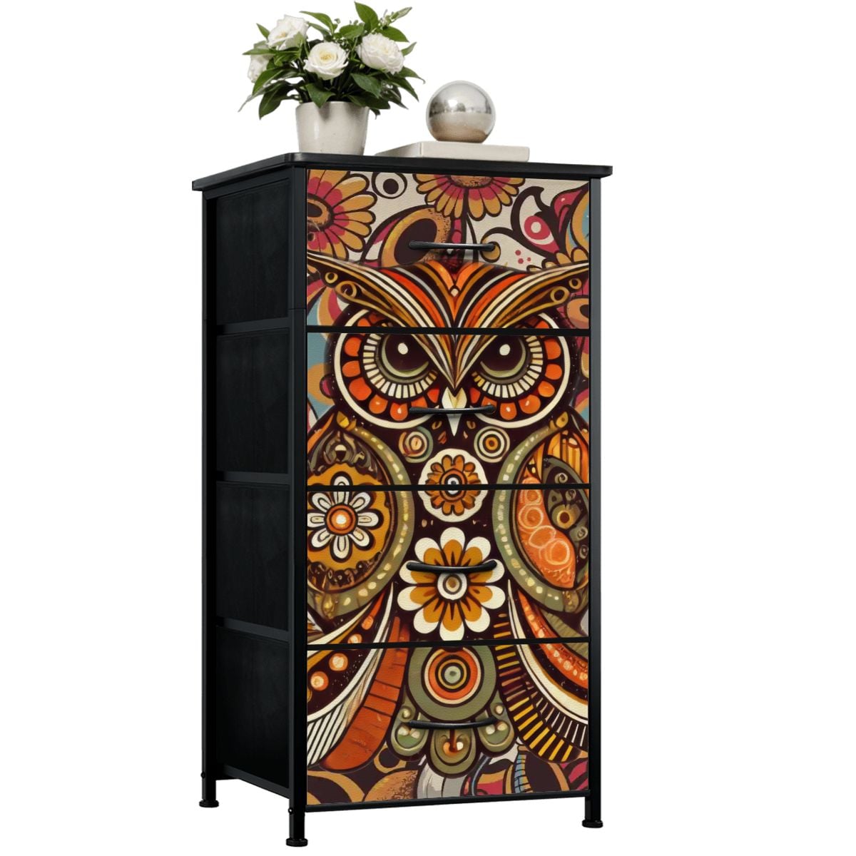Kate McEnroe New York Psychedelic Owl Mid Century Modern Boho 4 Drawer DresserDressersPClcSTwbWb