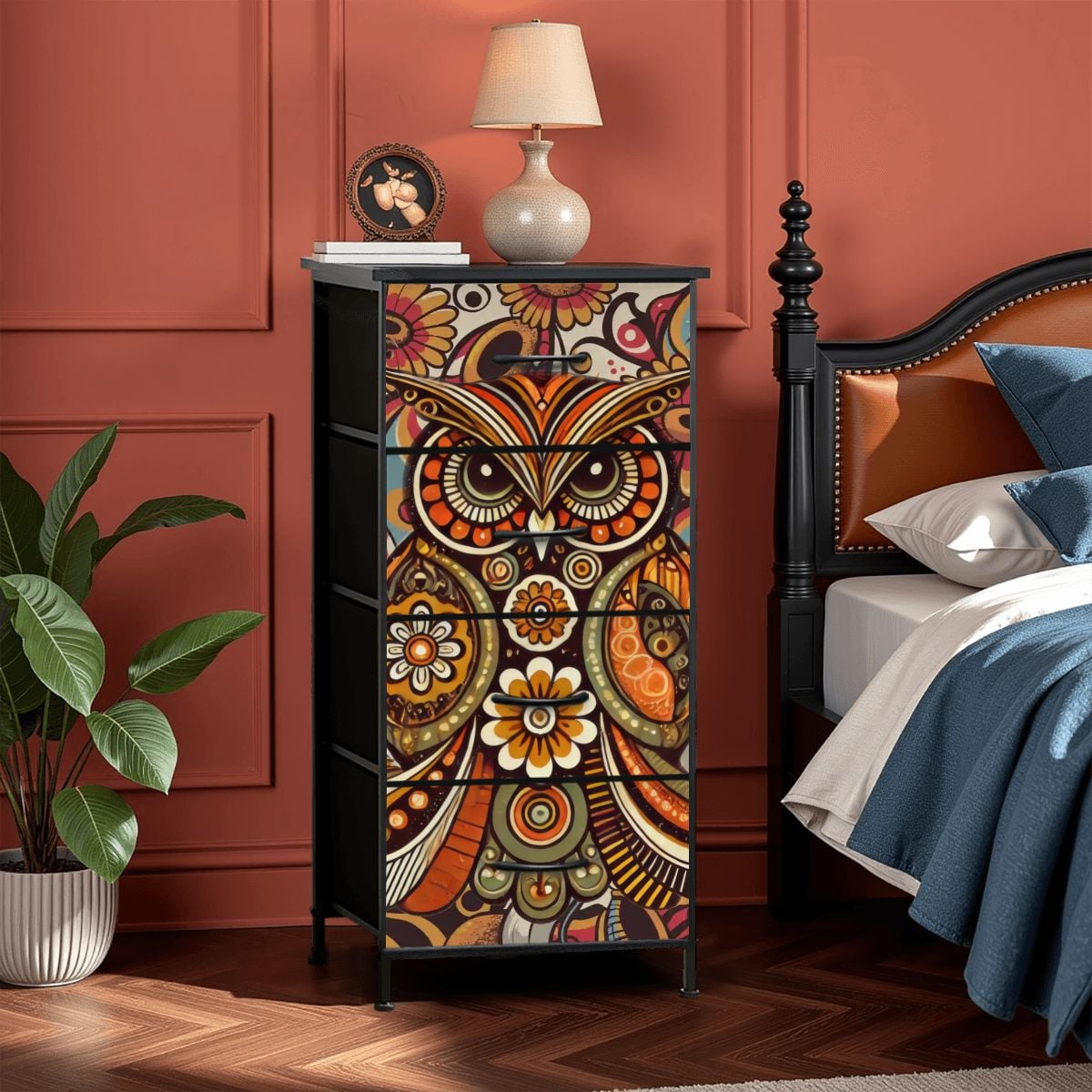 Kate McEnroe New York Psychedelic Owl Mid Century Modern Boho 4 Drawer DresserDressersPClcSTwbWb