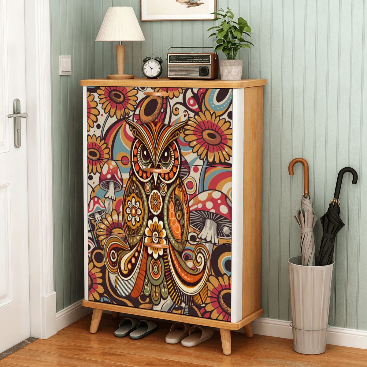 Kate McEnroe New York Psychedelic Owl Shoe Cabinet Boho Storage Mid Century Mushroom RackShoe StorageLNOSRf4eCE