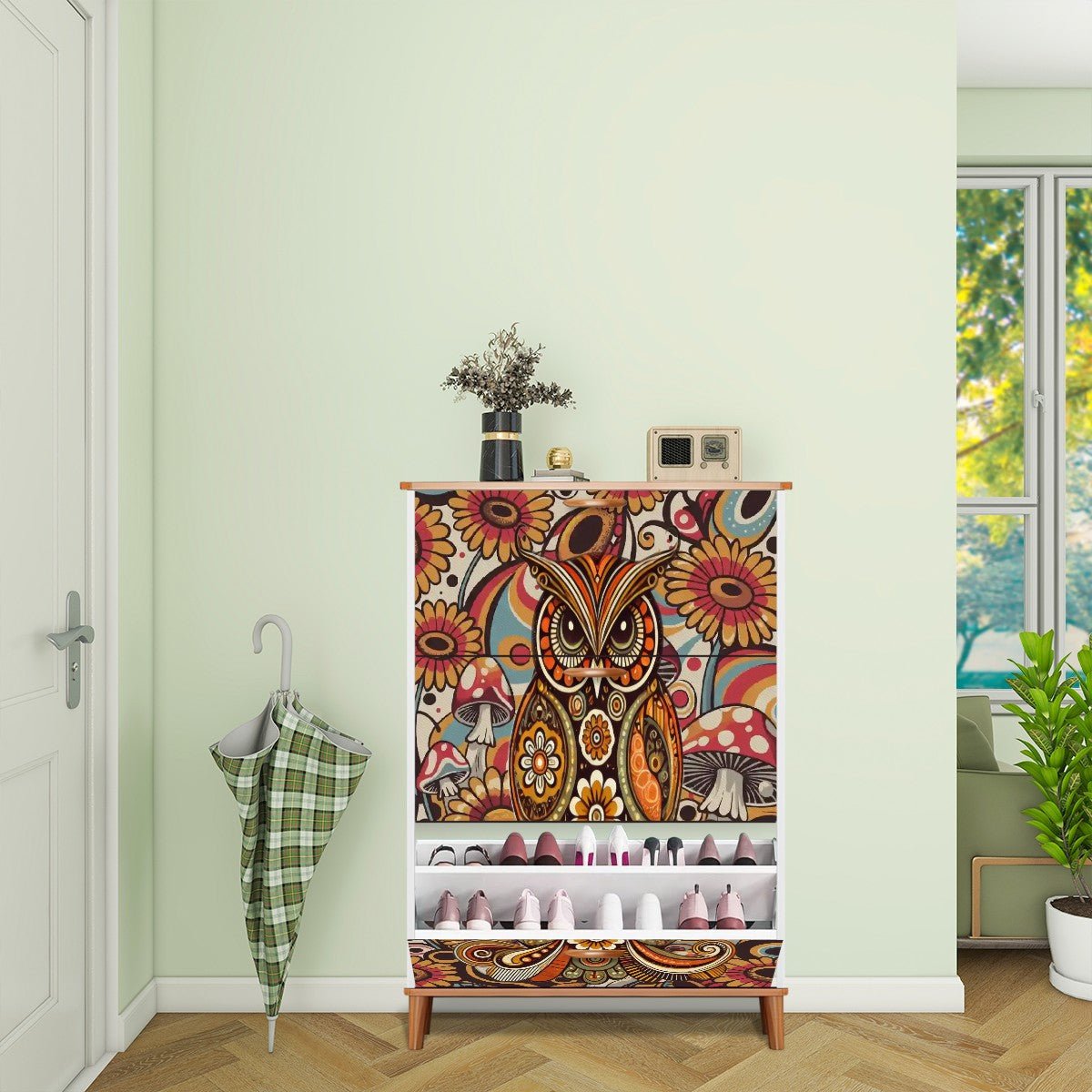 Kate McEnroe New York Psychedelic Owl Shoe Cabinet Boho Storage Mid Century Mushroom RackShoe StorageLNOSRf4eCE