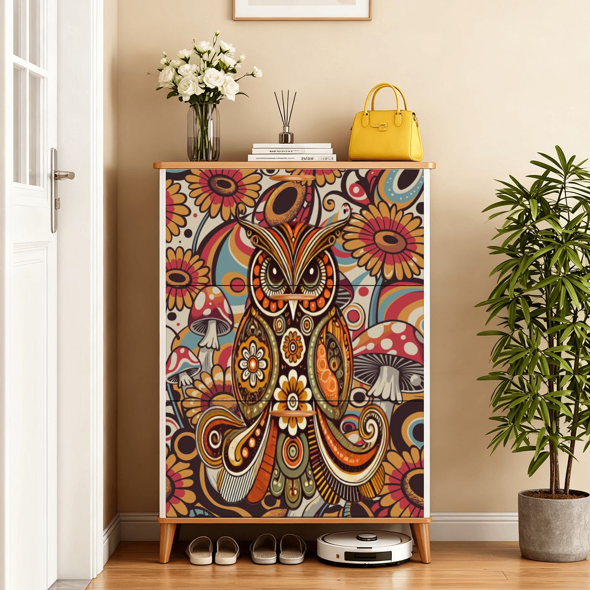 Kate McEnroe New York Psychedelic Owl Shoe Cabinet Boho Storage Mid Century Mushroom RackShoe StorageLNOSRf4eCE