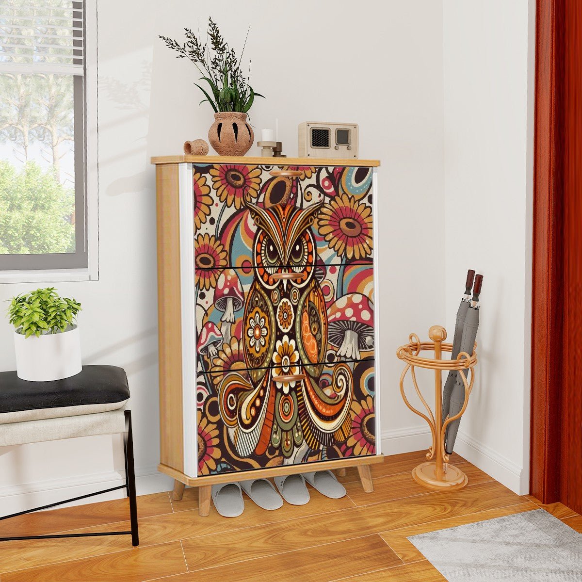 Kate McEnroe New York Psychedelic Owl Shoe Cabinet Boho Storage Mid Century Mushroom RackShoe StorageLNOSRf4eCE