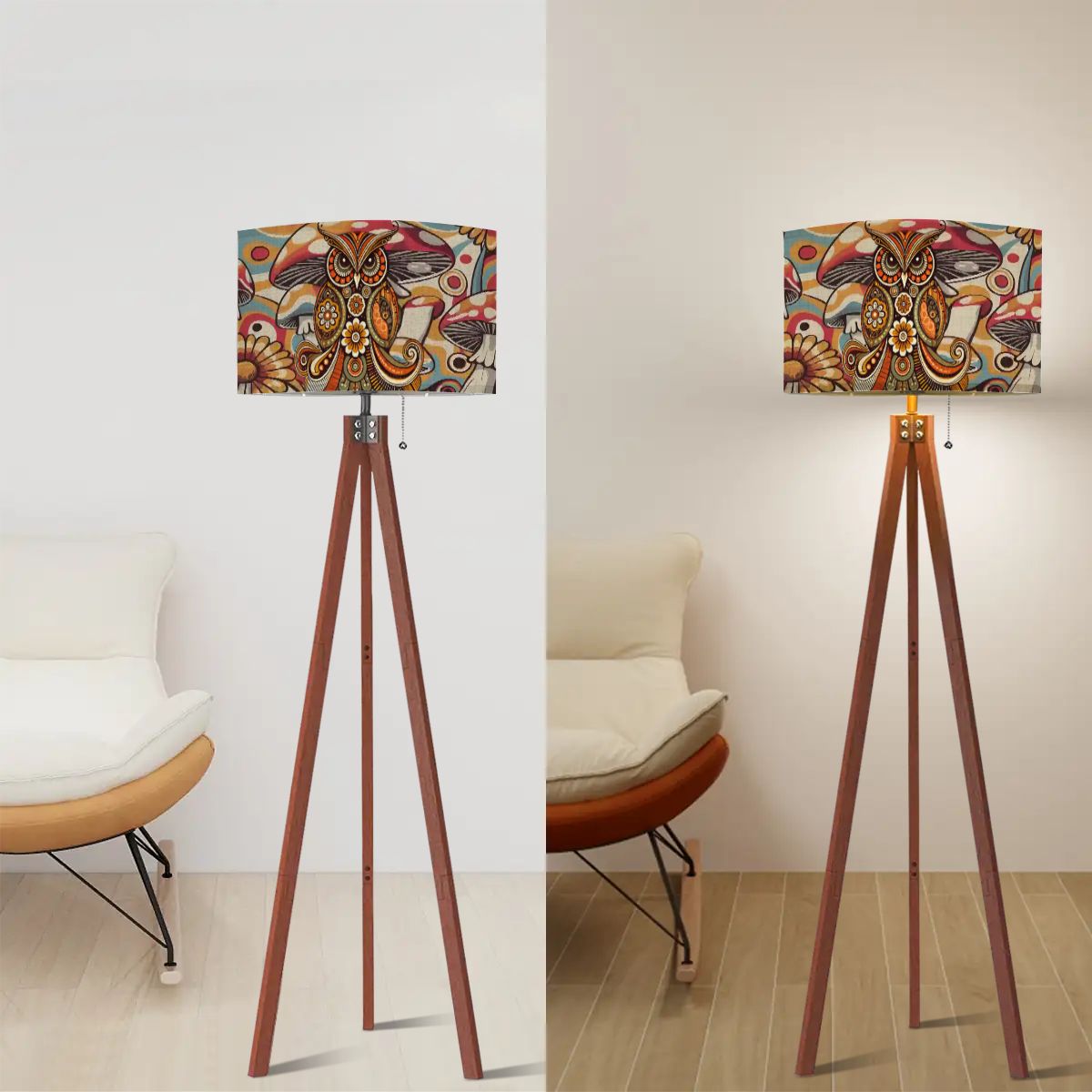 Kate McEnroe New York Psychedelic Owl Tripod Floor Lamp Boho Retro 1970s Mushroom DesignTripod Floor LampsN89wNpUdUw
