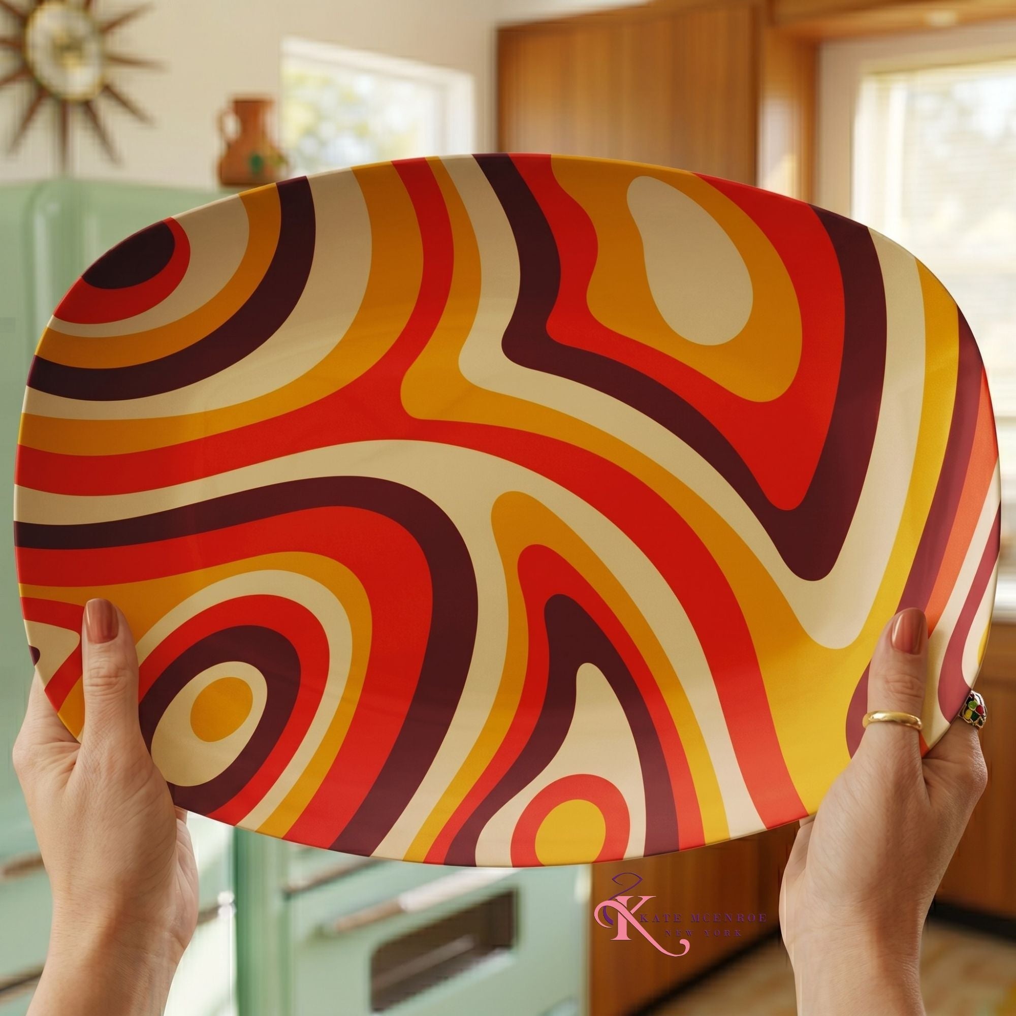 Kate McEnroe New York Psychedelic Retro Swirl Serving Platter, Groovy 70s Mid Century Modern DishServing Platters