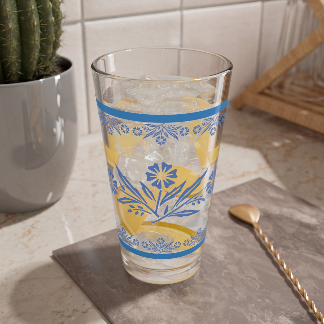 Kate McEnroe New York Pyrex Blue Cornflower Cocktail Pint Glass, Mid - Century Floral Drinkware, Retro Kitchen CollectionPint Glasses26059053727899328231