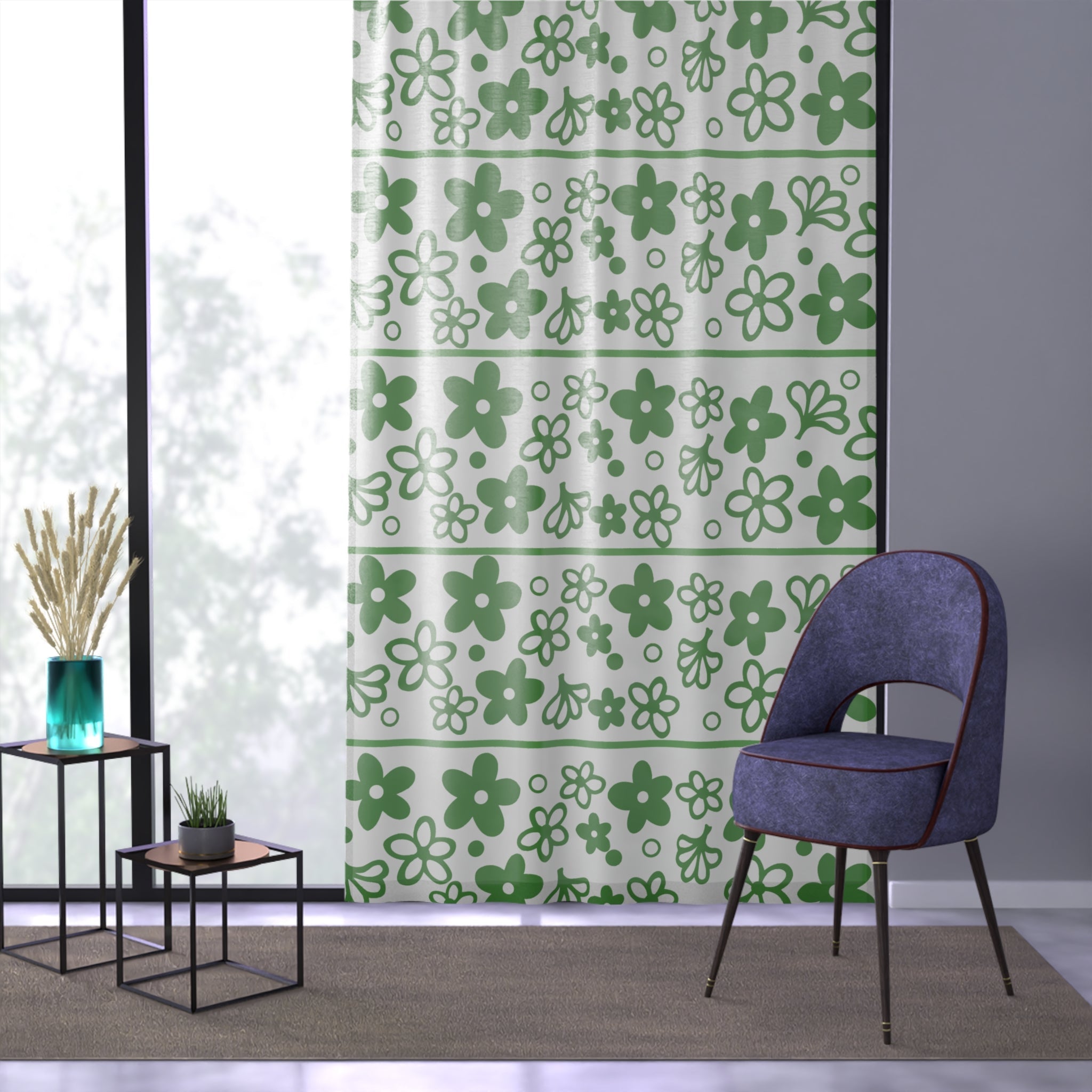 Kate McEnroe New York Pyrex Spring Blossom Green Crazy Daisy Sheer Curtain, Mid Century Modern Floral Window PanelWindow Curtains19435404596355084829
