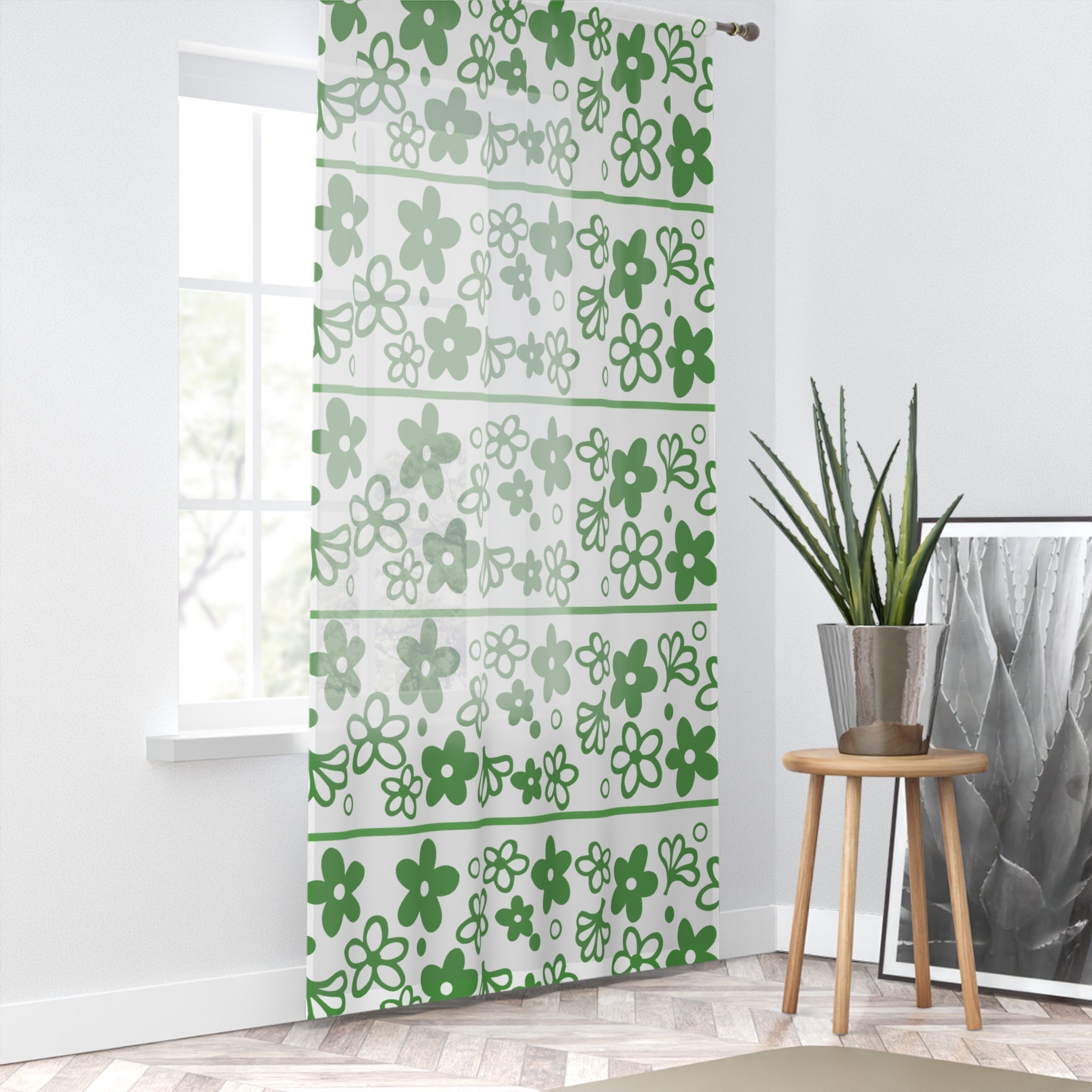 Kate McEnroe New York Pyrex Spring Blossom Green Crazy Daisy Sheer Curtain, Mid Century Modern Floral Window PanelWindow Curtains19435404596355084829