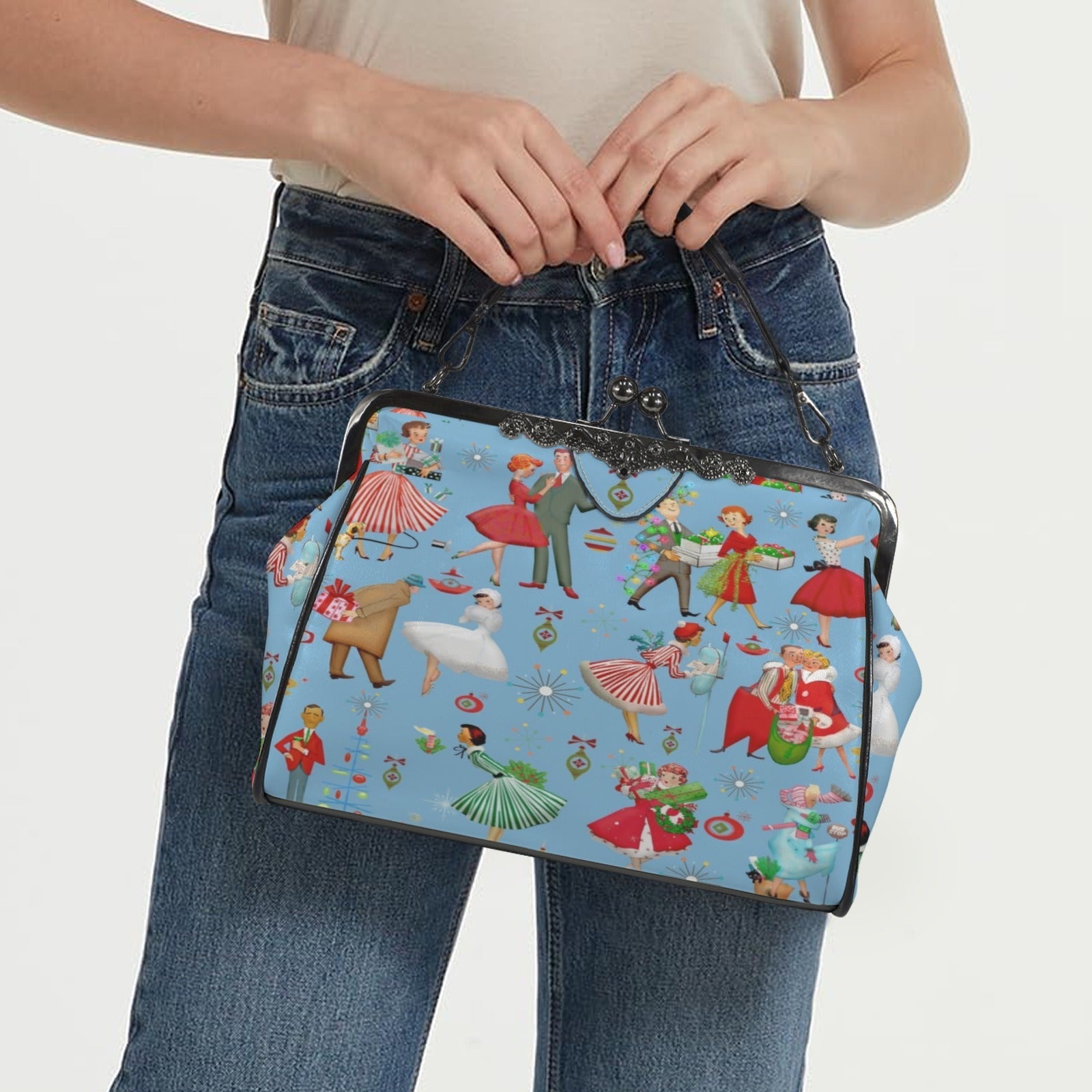 Retro 1950s Christmas Kisslock Bag Mid Century Holiday Purse