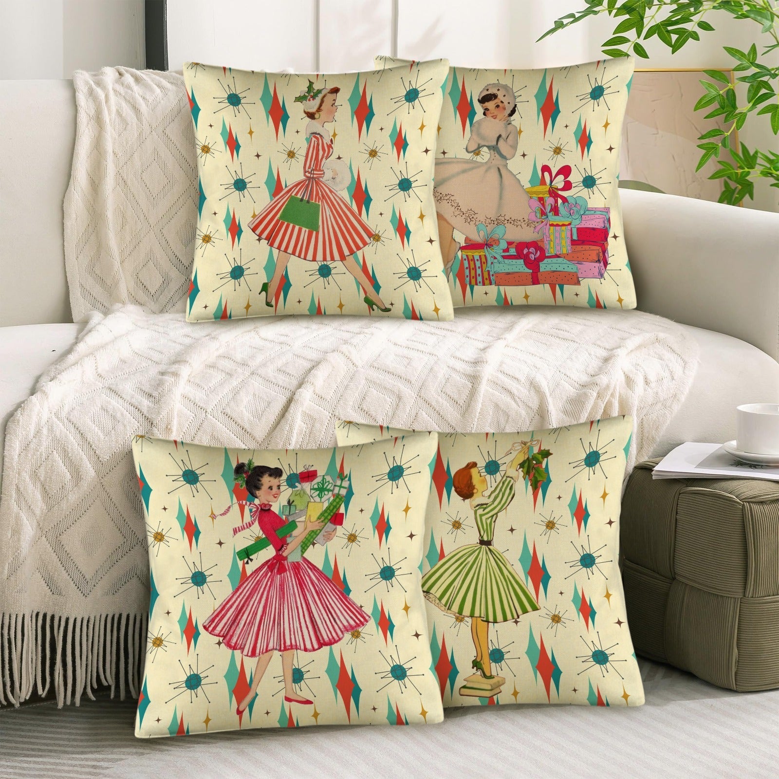 Kate McEnroe New York Retro 1950s Franciscan Diamond Starburst Christmas Decorative Pillow Covers Set of 4Throw Pillow CoversD3231055