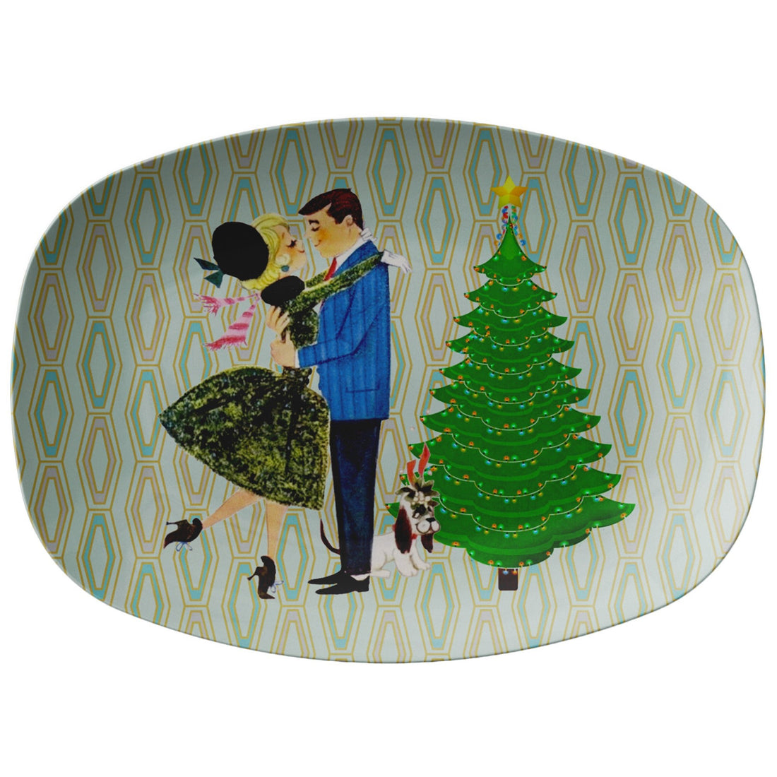 Kate McEnroe New York Retro 1950s Kitsch Christmas Couple Platter, Mid Century Modern Holiday Serving Tray, MCM Atomic Christmas DecorServing Platters9727