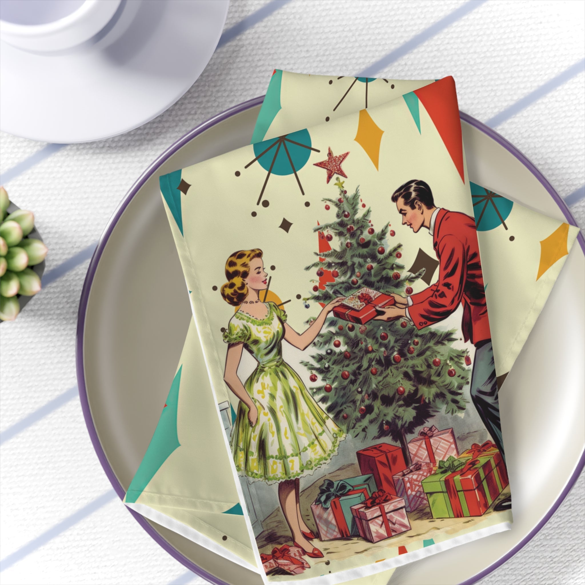 Kate McEnroe New York Retro 1950s Kitsch Christmas Set of 4 Cloth Napkins, Mid Century Modern Franciscan Starburst, Vintage Holiday Table LinensNapkinsPMK08.1232031