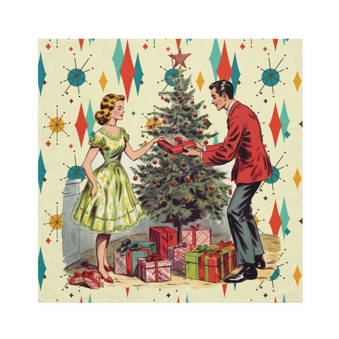 Kate McEnroe New York Retro 1950s Kitsch Christmas Set of 4 Cloth Napkins, Mid Century Modern Franciscan Starburst, Vintage Holiday Table LinensNapkinsPMK08.1232031