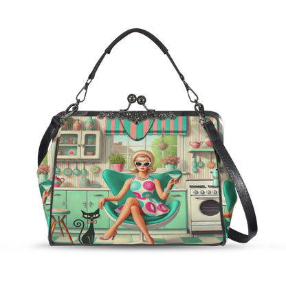 Kate McEnroe New York Retro 1950s Kitschy Housewife Atomic Cat Kiss Lock HandbagCrossbody BagsD3270728