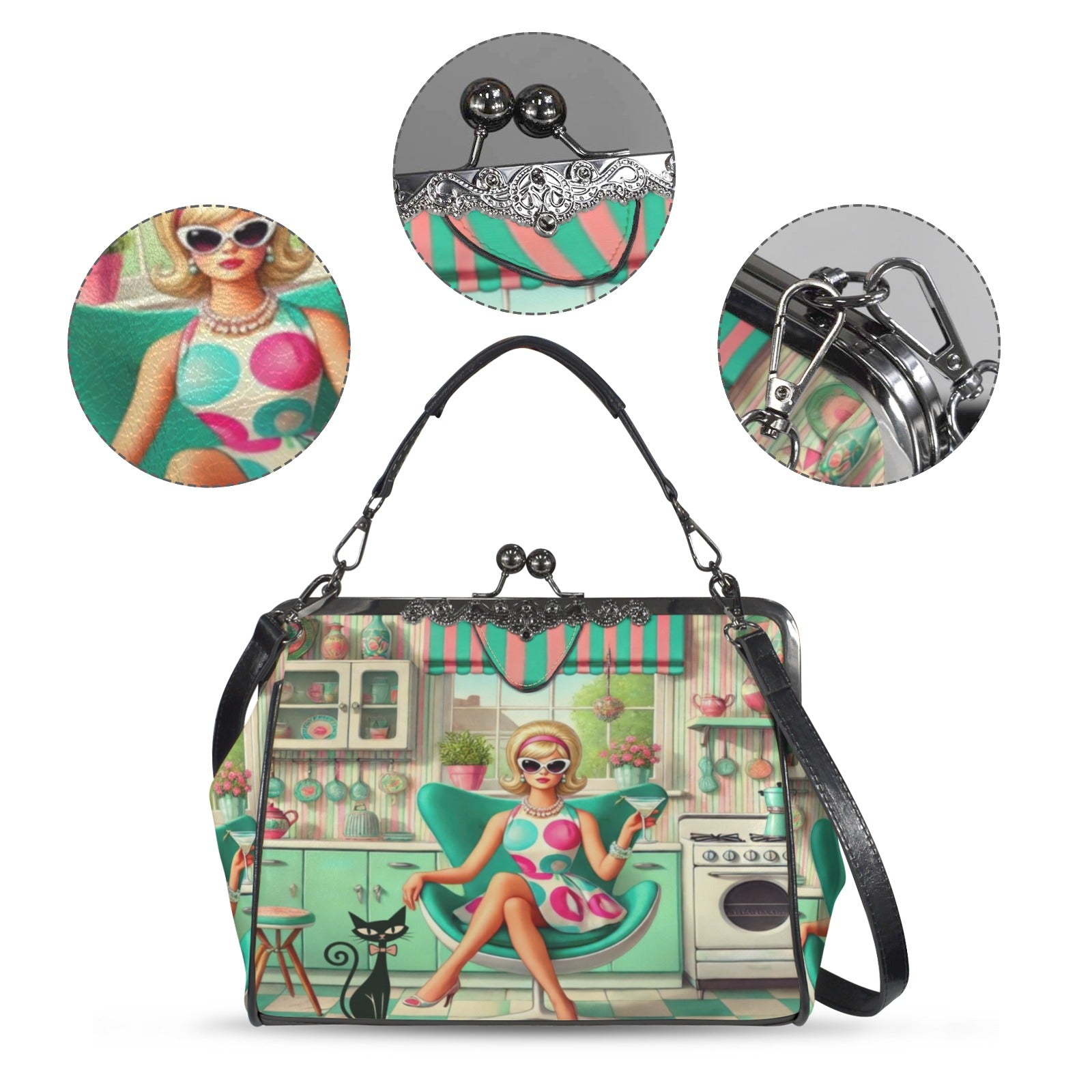 Kate McEnroe New York Retro 1950s Kitschy Housewife Atomic Cat Kiss Lock HandbagCrossbody BagsD3270728
