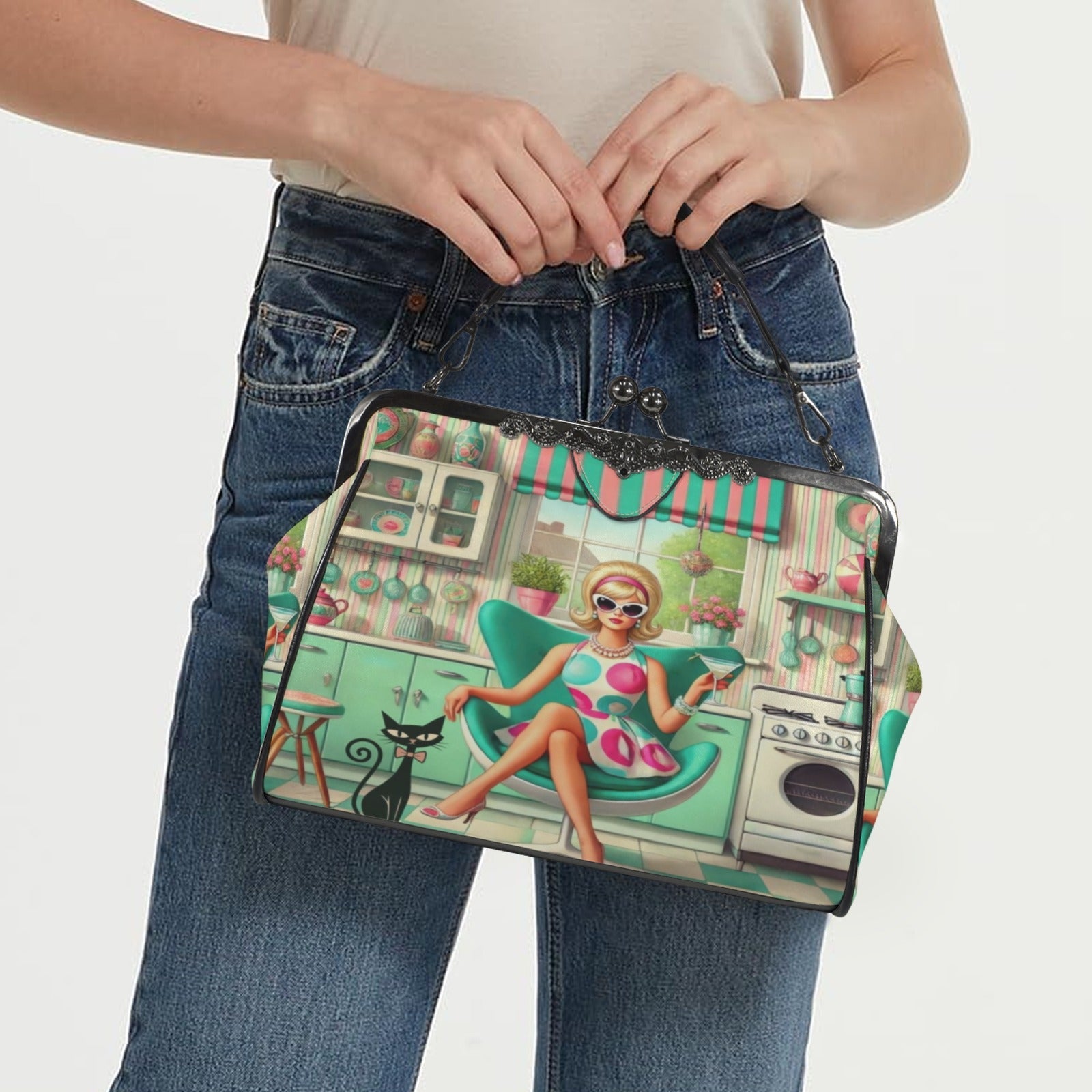 Kate McEnroe New York Retro 1950s Kitschy Housewife Atomic Cat Kiss Lock HandbagCrossbody BagsD3270728