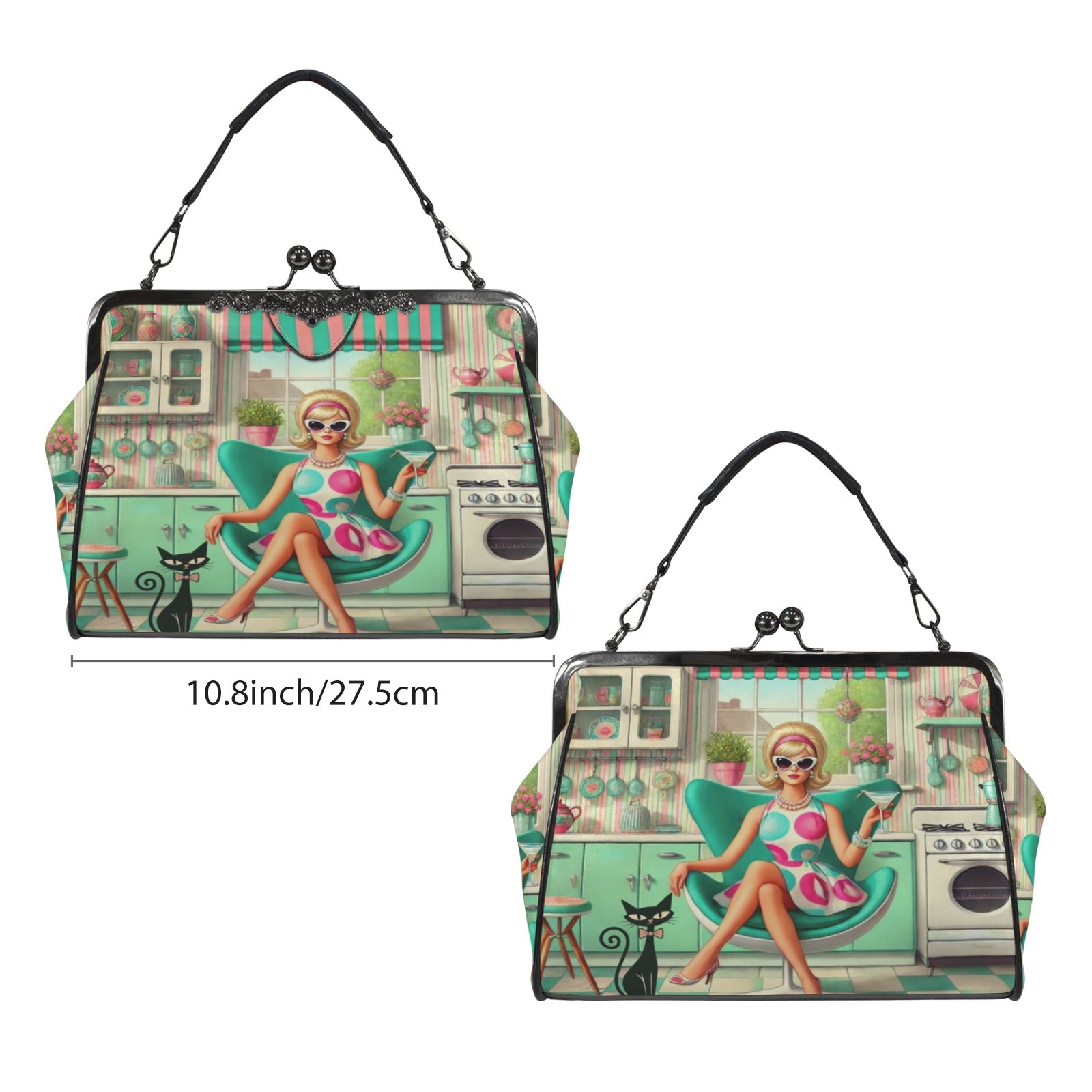 Kate McEnroe New York Retro 1950s Kitschy Housewife Atomic Cat Kiss Lock HandbagCrossbody BagsD3270728