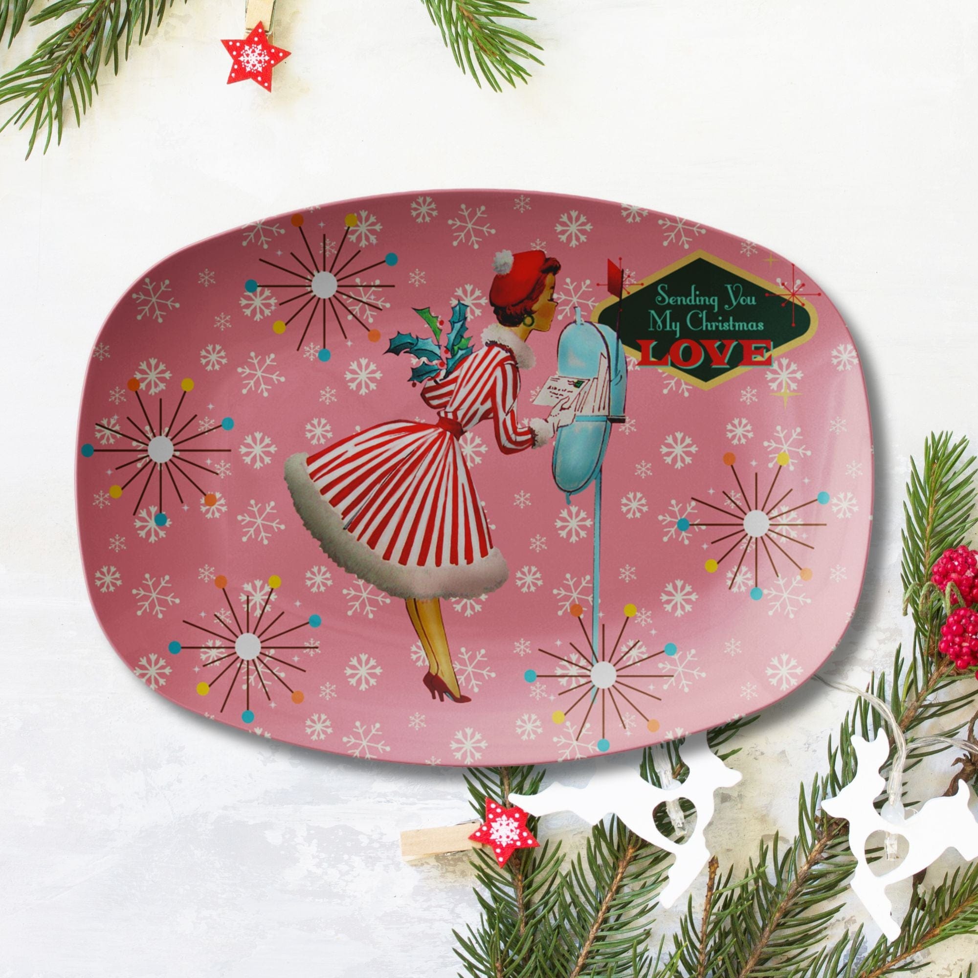 Kate McEnroe New York Retro 1950s Vintage Kitsch Christmas Card Art Mid Century Serving PlatterServing PlattersP23 - VIN - WOM - 64