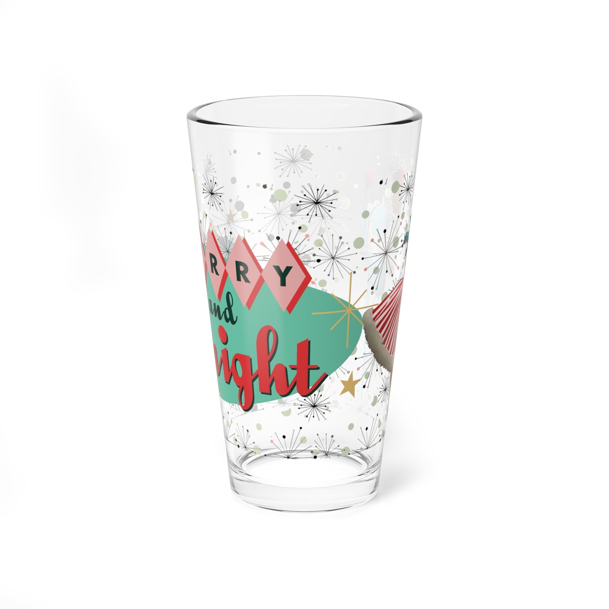 Kate McEnroe New York Retro 1950s Vintage Kitsch Christmas Card Art Pint Glass, Mid Century Modern Atomic Starburst Cocktail Shaker, MCM Holiday Party BarwarePint Glasses27274659048907917279