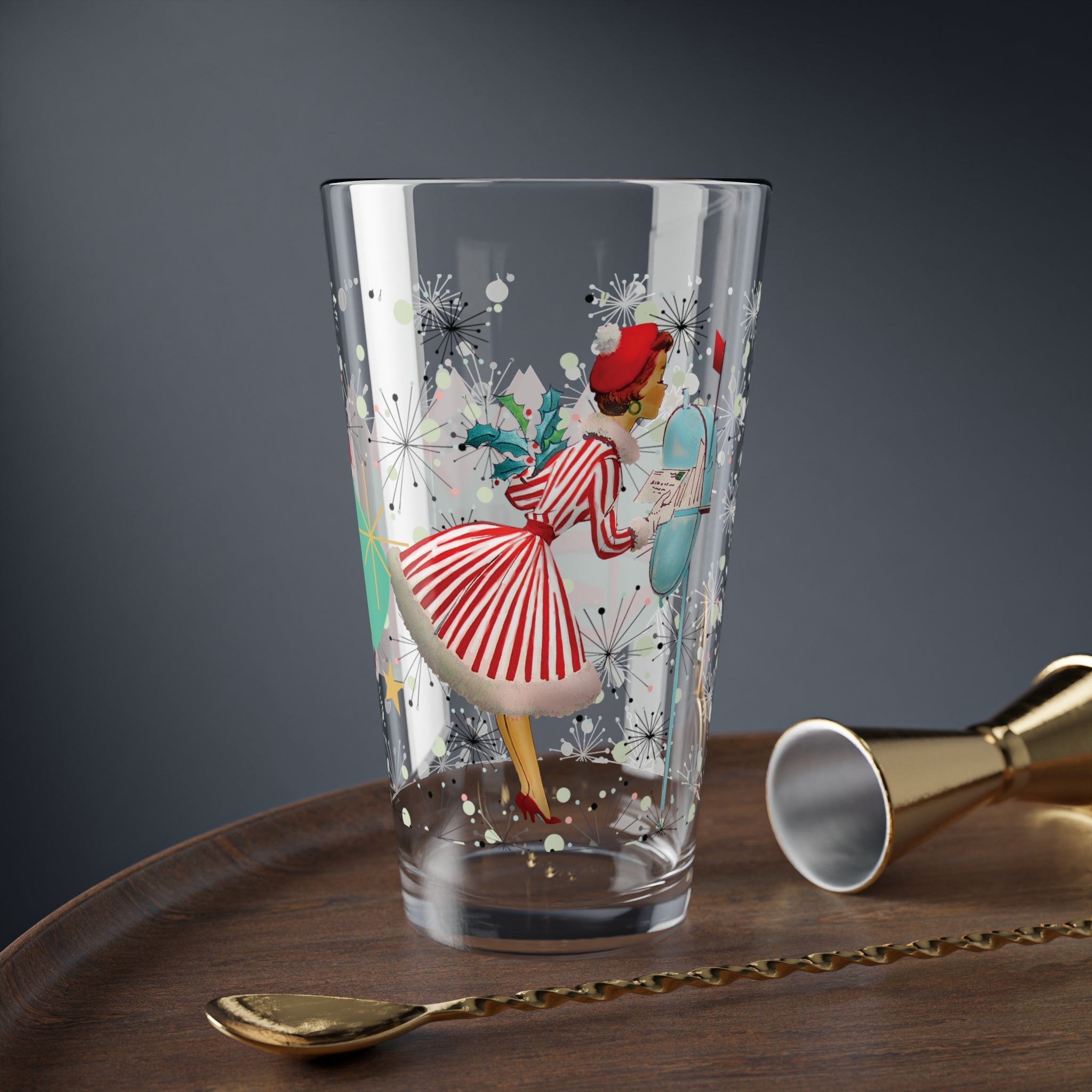 Kate McEnroe New York Retro 1950s Vintage Kitsch Christmas Card Art Pint Glass, Mid Century Modern Atomic Starburst Cocktail Shaker, MCM Holiday Party BarwarePint Glasses27274659048907917279