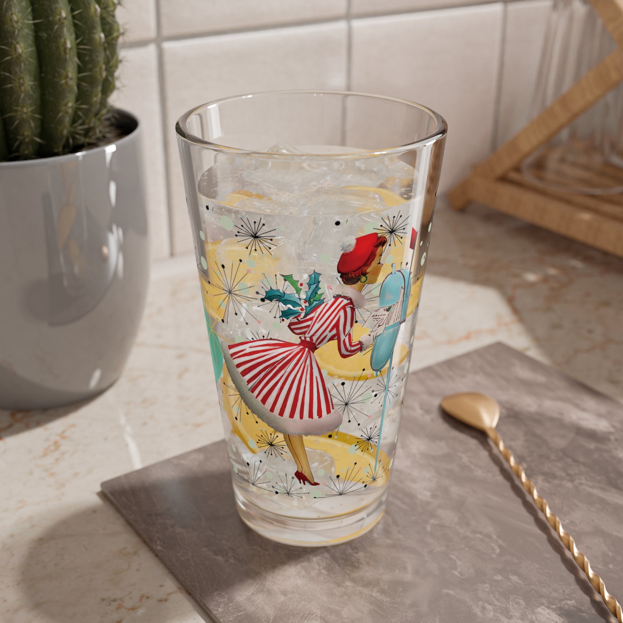 Kate McEnroe New York Retro 1950s Vintage Kitsch Christmas Card Art Pint Glass, Mid Century Modern Atomic Starburst Cocktail Shaker, MCM Holiday Party BarwarePint Glasses27274659048907917279