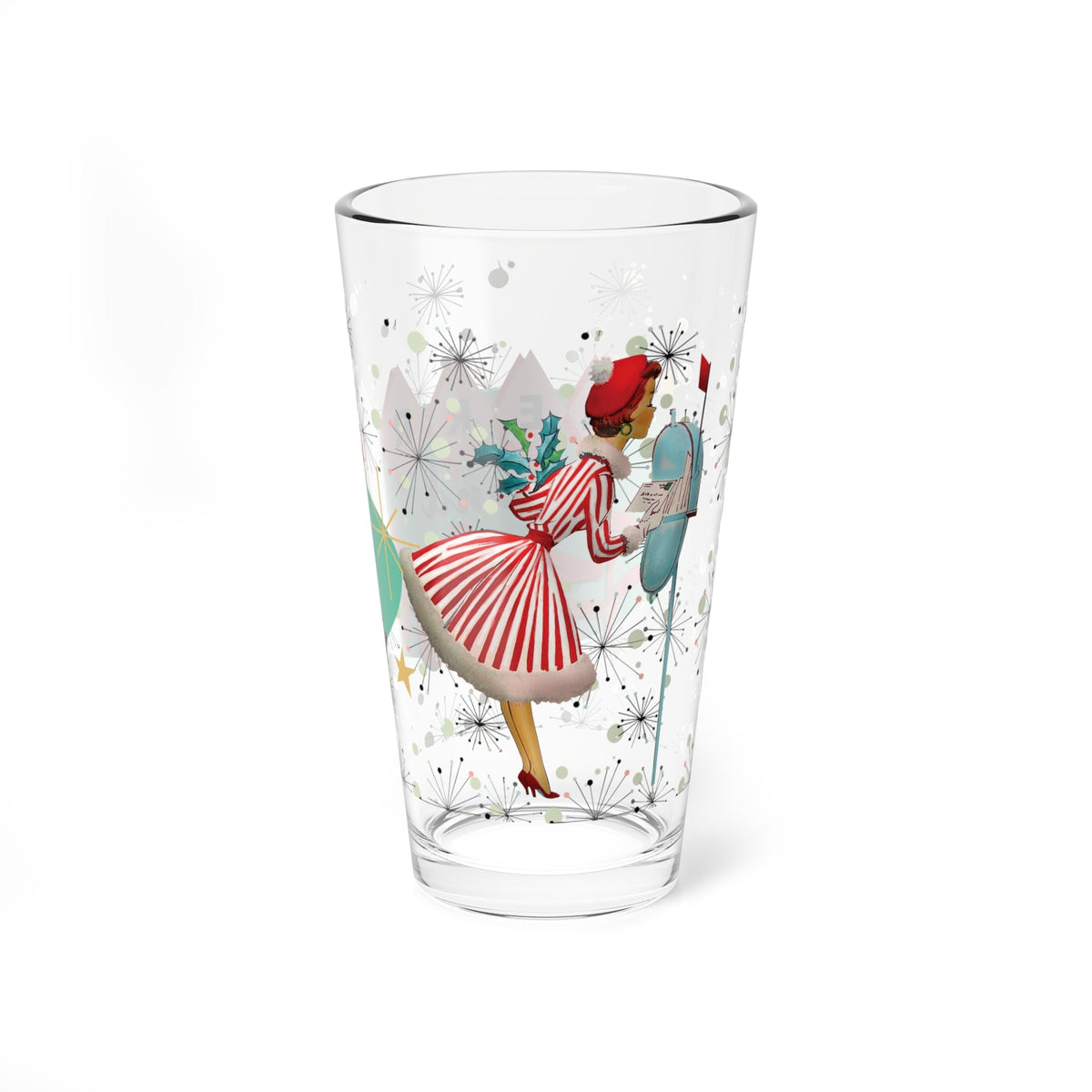 Kate McEnroe New York Retro 1950s Vintage Kitsch Christmas Card Art Pint Glass, Mid Century Modern Atomic Starburst Cocktail Shaker, MCM Holiday Party BarwarePint Glasses27274659048907917279