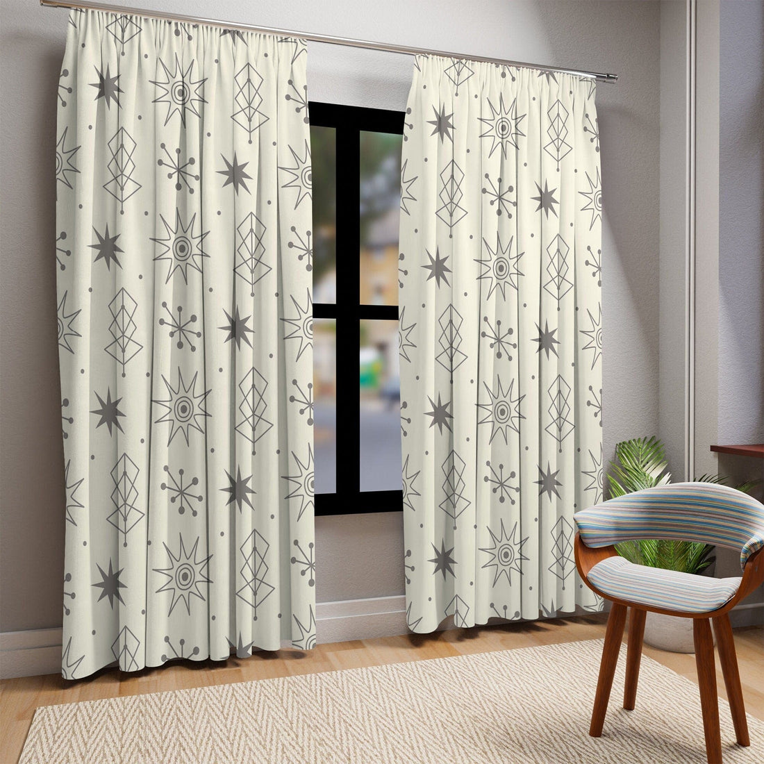 Kate McEnroe New York Retro 1950s Window Curtains, Mid Century Modern Atomic Starburst Beige, Gray Blackout or Sheer Curtain PanelsWindow CurtainsW3S - GRY - CRE - SH4
