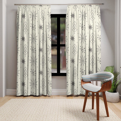 Kate McEnroe New York Retro 1950s Window Curtains, Mid Century Modern Atomic Starburst Beige, Gray Blackout or Sheer Curtain PanelsWindow CurtainsW3S - GRY - CRE - SH4