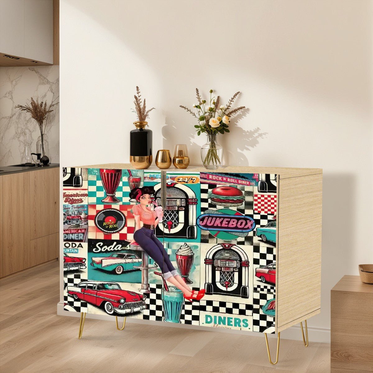 Kate McEnroe New York Retro 50s Americana Diner Cabinet, Mid Century Modern Pin - Up Sideboard, Vintage Rockabilly StorageStorage CabinetsMPHIEZf2uB
