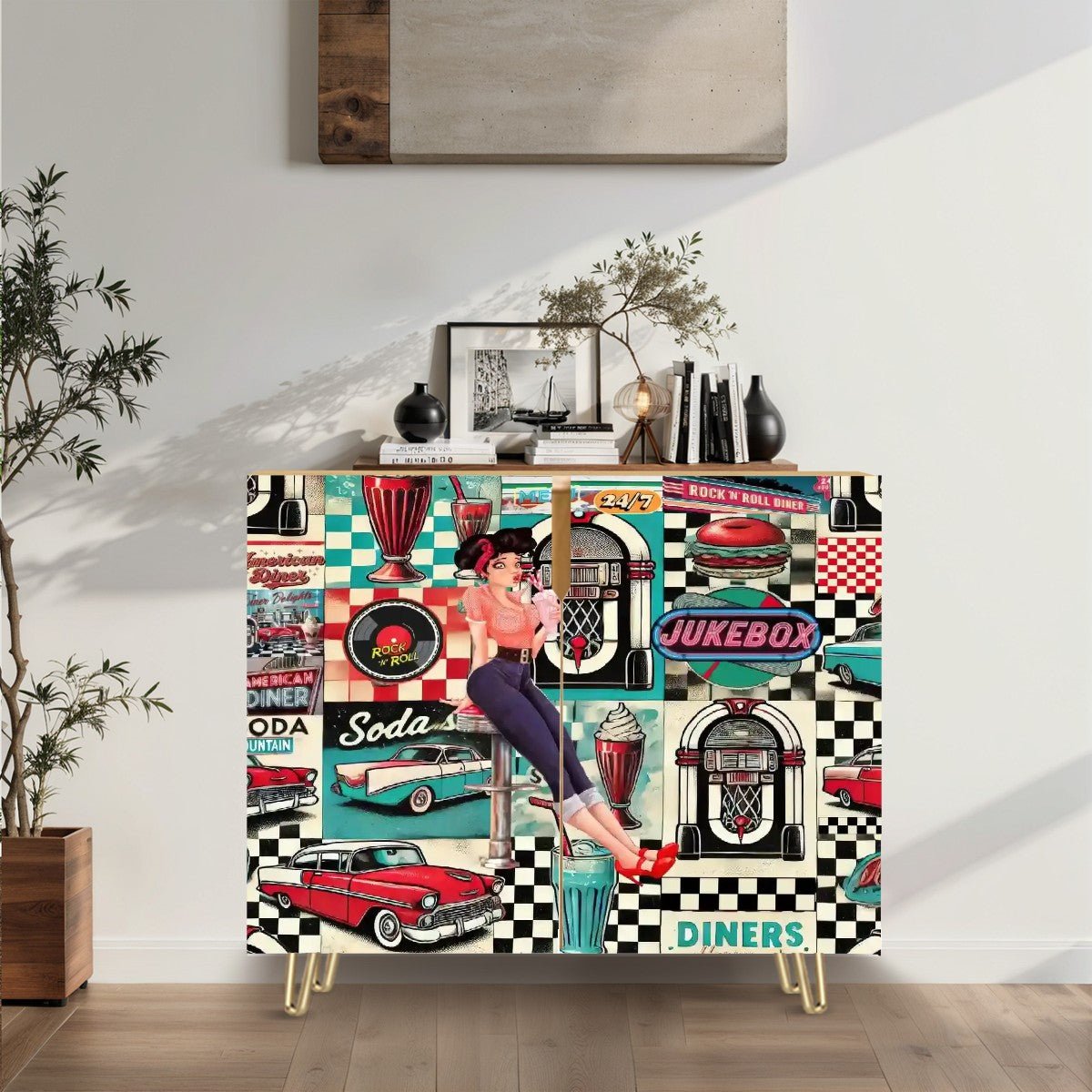 Kate McEnroe New York Retro 50s Americana Diner Cabinet, Mid Century Modern Pin - Up Sideboard, Vintage Rockabilly StorageStorage CabinetsMPHIEZf2uB