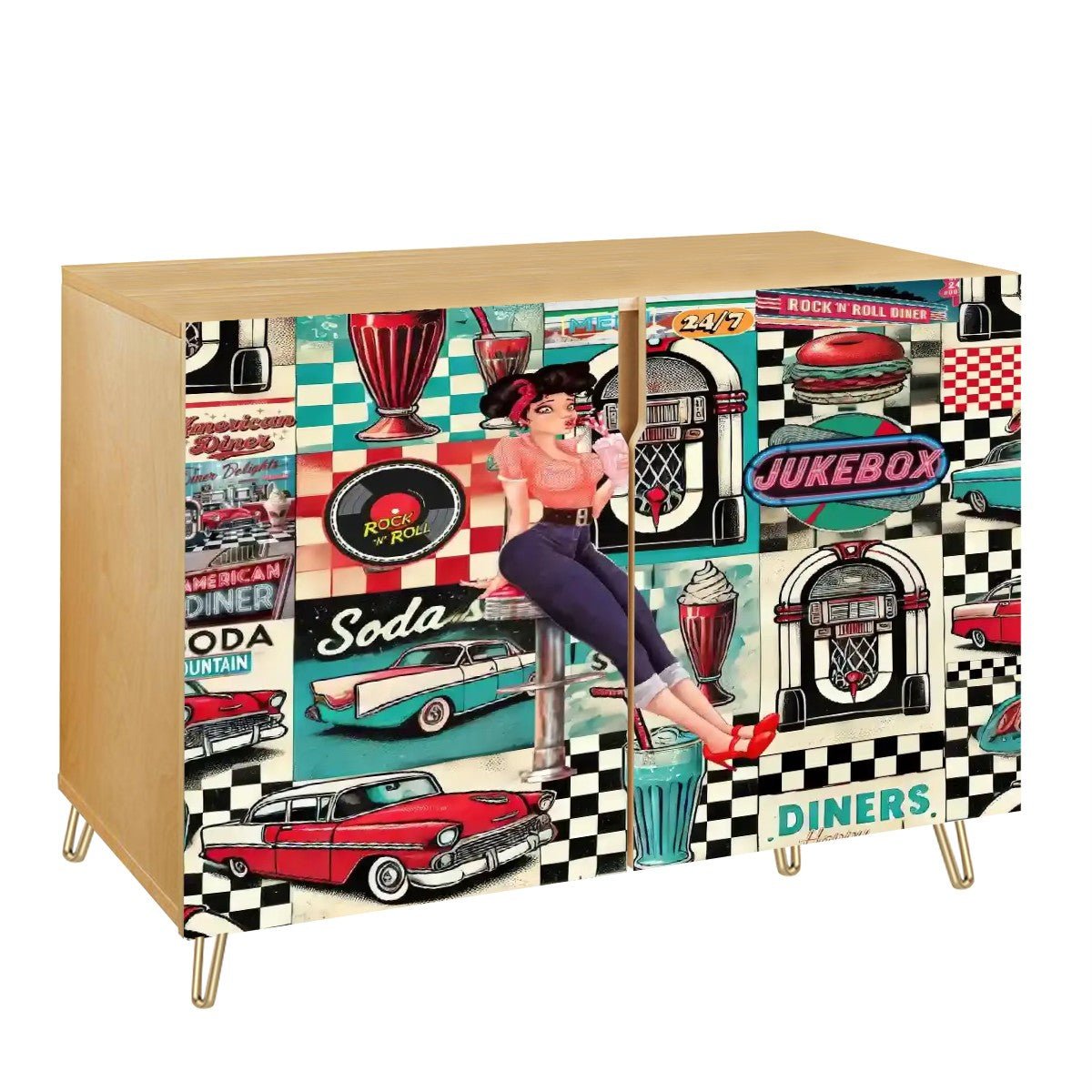 Kate McEnroe New York Retro 50s Americana Diner Cabinet, Mid Century Modern Pin - Up Sideboard, Vintage Rockabilly StorageStorage CabinetsMPHIEZf2uB