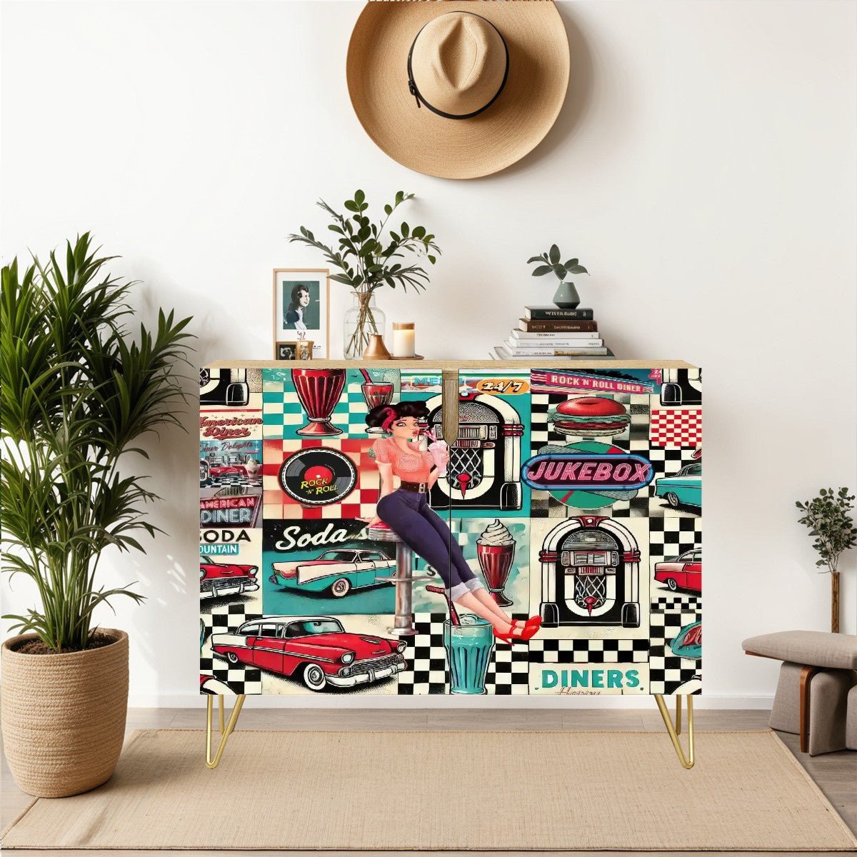Kate McEnroe New York Retro 50s Americana Diner Cabinet, Mid Century Modern Pin - Up Sideboard, Vintage Rockabilly StorageStorage CabinetsMPHIEZf2uB