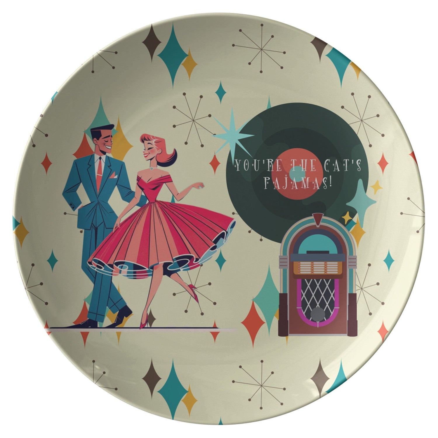 Kate McEnroe New York Retro 50s Couple Kitschy Mid Century Modern Dinner Plate, MCM Vintage Style Dish Plates